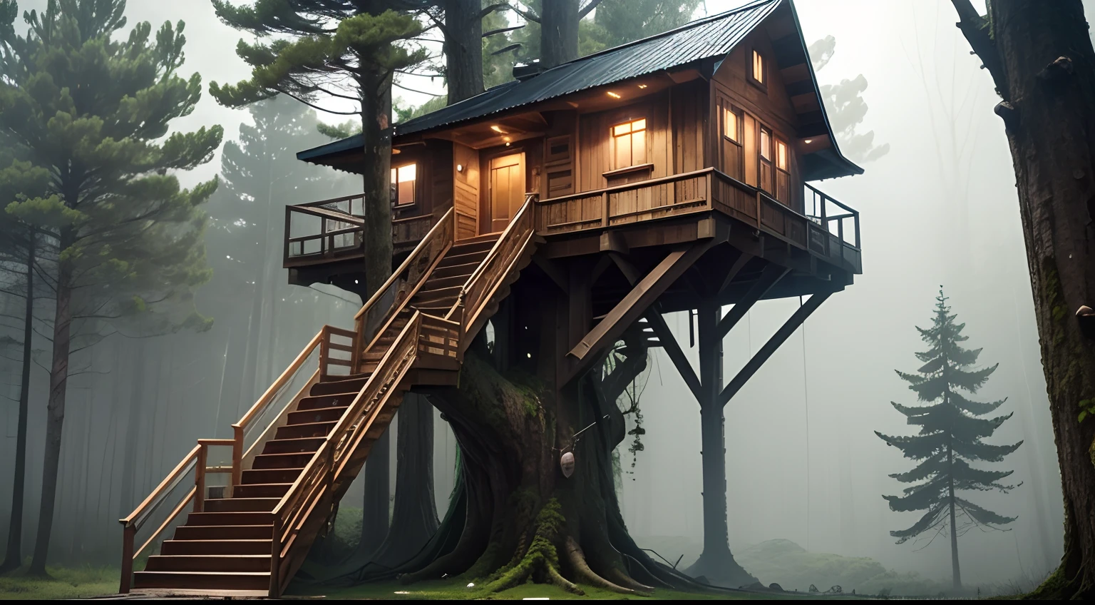 Overcast skies and strong storm in the forest, A treehouse with stairs in the middle of the forest, with some trees around
