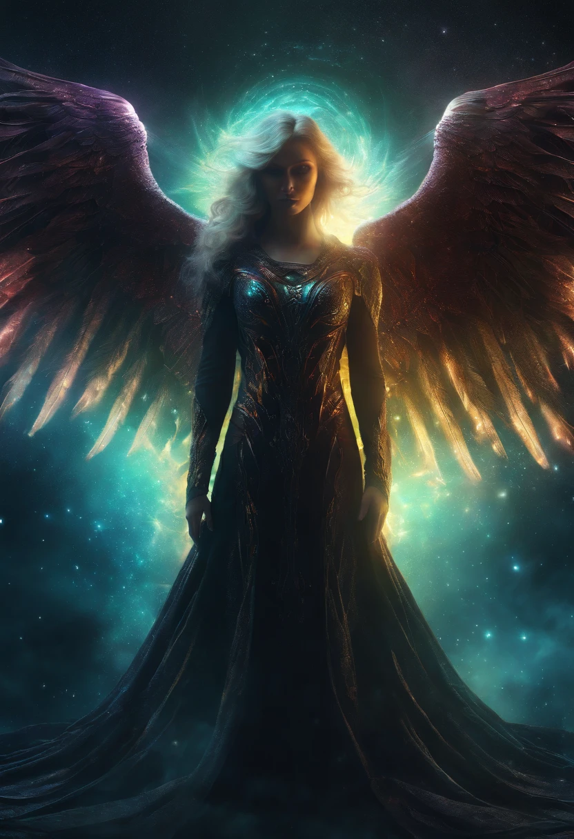 Cosmic Fallen Angel, glowing light eyes, Biomechanical, eerie, Creepy, nightmarish, Very bright colors, Light particles, with light glowing, Mshiff, wallpaper art, UHD wallpaper