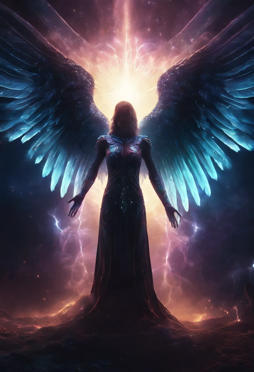 Cosmic Fallen Angel, glowing light eyes, Biomechanical, eerie, Creepy, nightmarish, Very bright colors, Light particles, with light glowing, Mshiff, wallpaper art, UHD wallpaper