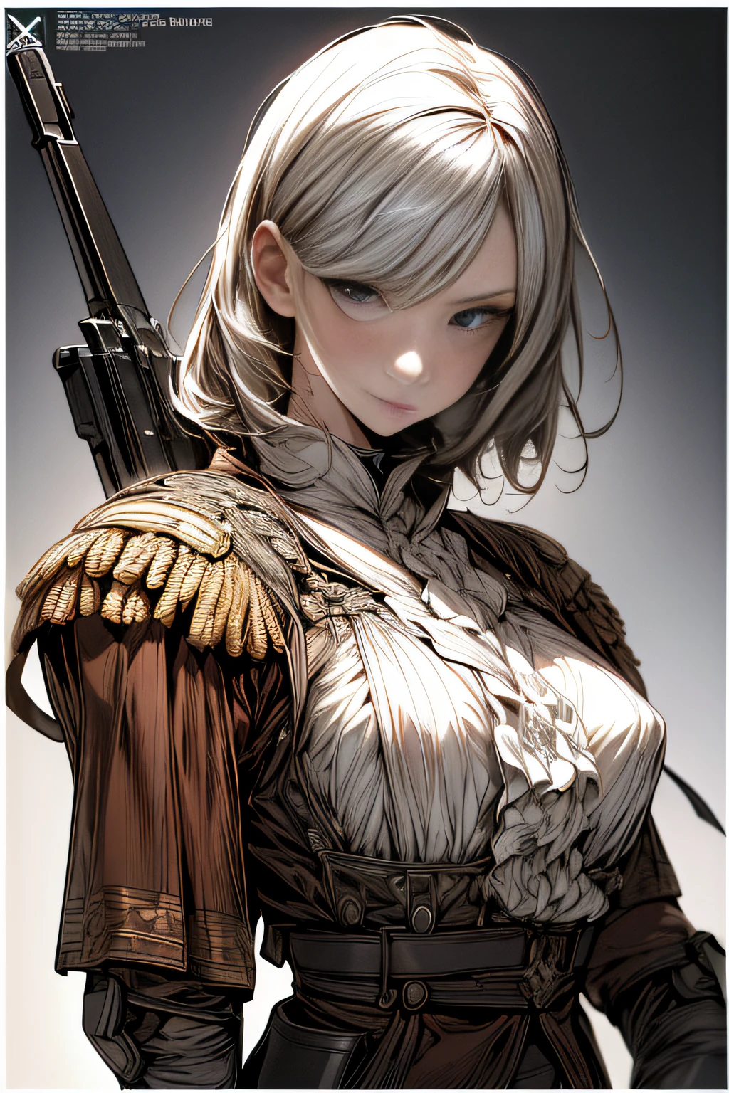 (hard disk, sharp, fractals),(8K resolution), actionpose、ww1ger、(comic book style),(Lola:Bad image:1.0),(Lola:add more details:1.2 ),、Detailed and complex、intricate-detail、high intricate detailed、absurd amount of details、((looking at the viewers))、 A detailed face, 1girl in_独奏, Imperial German Army Uniform、Mechanical weapons、the complex background
