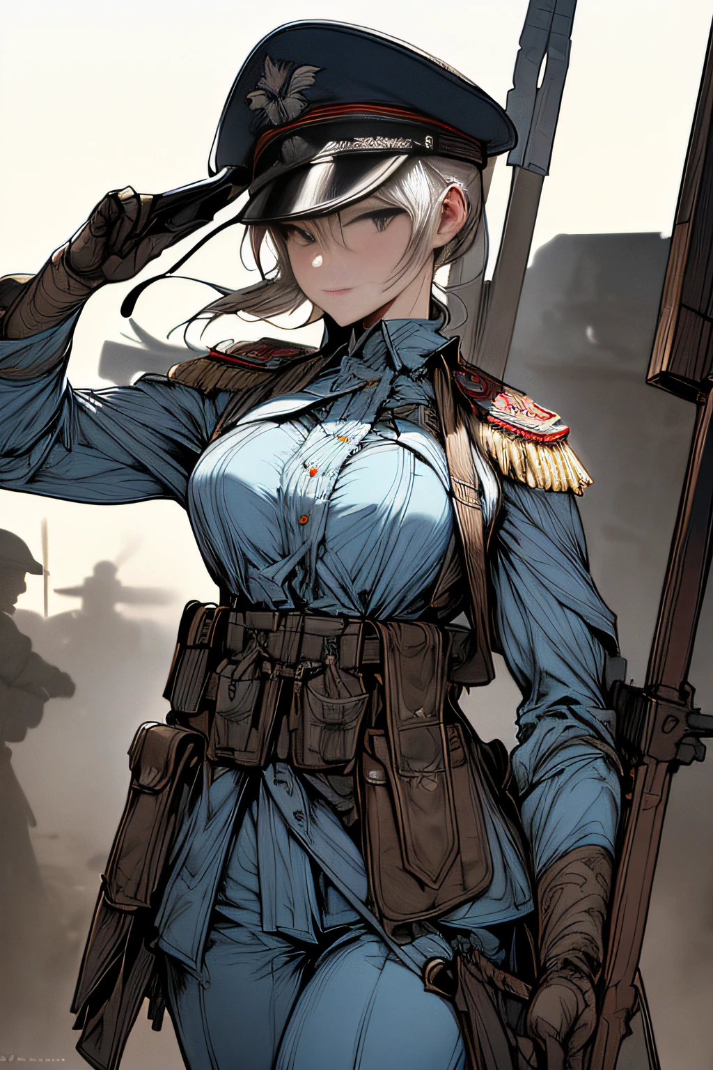 (hard disk, sharp, fractals),(8K resolution), actionpose、ww1ger、(comic book style),(Lola:Bad image:1.0),(Lola:add more details:1.2 ),、Detailed and complex、intricate-detail、high intricate detailed、absurd amount of details、((looking at the viewers))、 A detailed face, 1girl in_独奏, Imperial German Army Uniform、Mechanical weapons、Battlefield Background