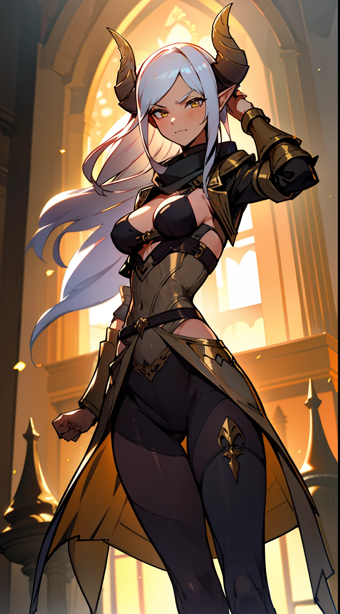 girl, tall,brown skin, hidden arms,long hair, white hair, detailed pretty eyes, yellow eyes,angry face, evil smile, medium boobs, mid waist,show abdomen, medium thighs, gold armor outfit, long black stockings, detailed clothes, masterpiece, hyper realistic, high definition,black horns,black pantyhose,elves ears,yellow scarf,(((standing inside of a castle)))