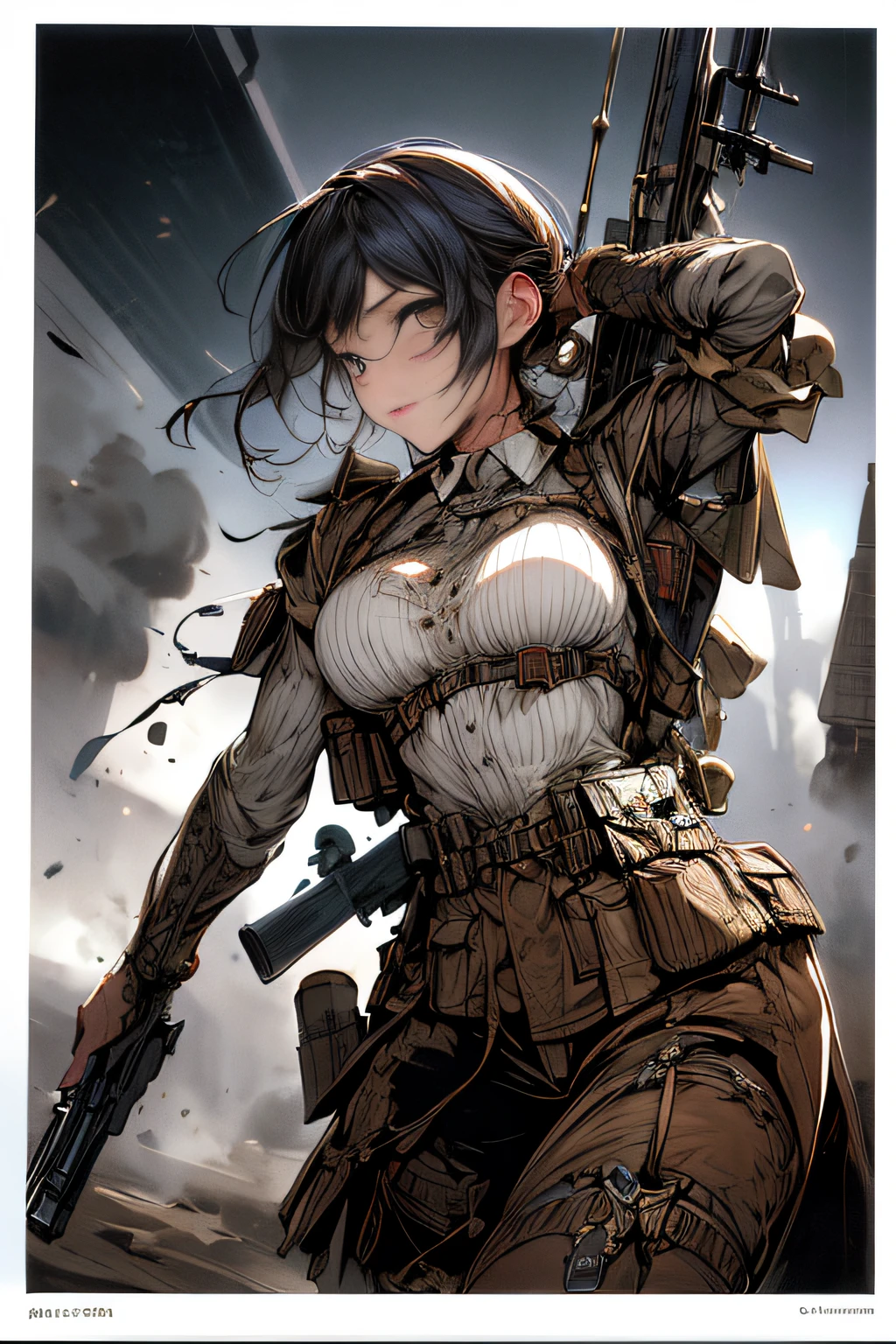 (hard disk, sharp, fractals),(8K resolution), actionpose、ww1ger、(comic book style),(Lola:Bad image:1.0),(Lola:add more details:1.2 ),、Detailed and complex、intricate-detail、high intricate detailed、absurd amount of details、((looking at the viewers))、 A detailed face, 1girl in_独奏, Imperial German Army Uniform、Mechanical weapons、Battlefield Background