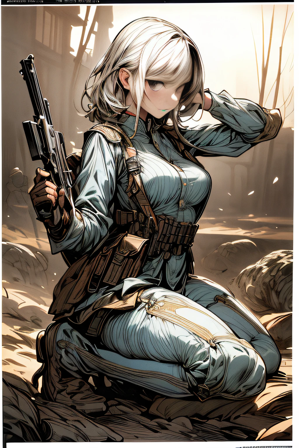 (hard disk, sharp, fractals),(8K resolution), actionpose、ww1ger、(comic book style),(Lola:Bad image:1.0),(Lola:add more details:1.2 ),、Detailed and complex、intricate-detail、high intricate detailed、absurd amount of details、((looking at the viewers))、 A detailed face, 1girl in_独奏, Imperial German Army Uniform、Mechanical weapons、Battlefield Background