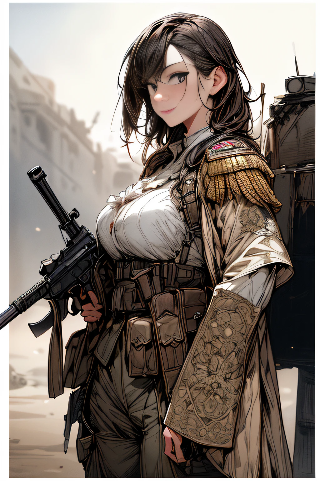 (hard disk, sharp, fractals),(8K resolution), actionpose、ww1ger、(comic book style),(Lola:Bad image:1.0),(Lola:add more details:1.2 ),、Detailed and complex、intricate-detail、high intricate detailed、absurd amount of details、((looking at the viewers))、 A detailed face, 1girl in_独奏, Imperial German Army Uniform、Mechanical weapons、Battlefield Background