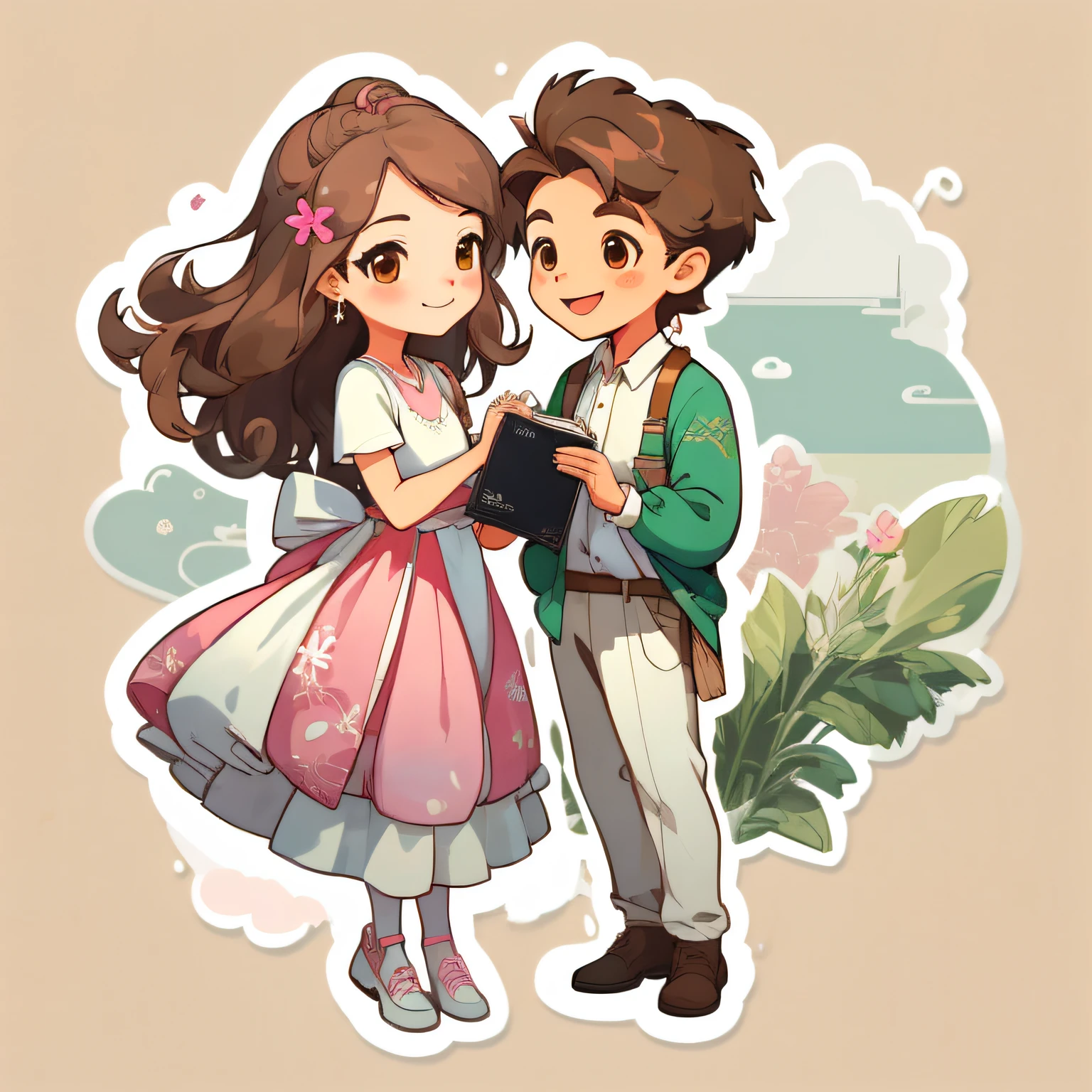 1sticker，Handbook，（a sticker，1girl1boy，cheerfulness，brown eyes, long chestnut brown hair color ，fair skin, Pink Wedding dress，Gorgeous white dress shirt，Modern clothes，Embroidery，Hairpin，bamboos，moss，Pavilion）， aquarelle，white backgrounid， simple backgound， dk， adolable， small， pastel colour， vectorstyle， no gradien，