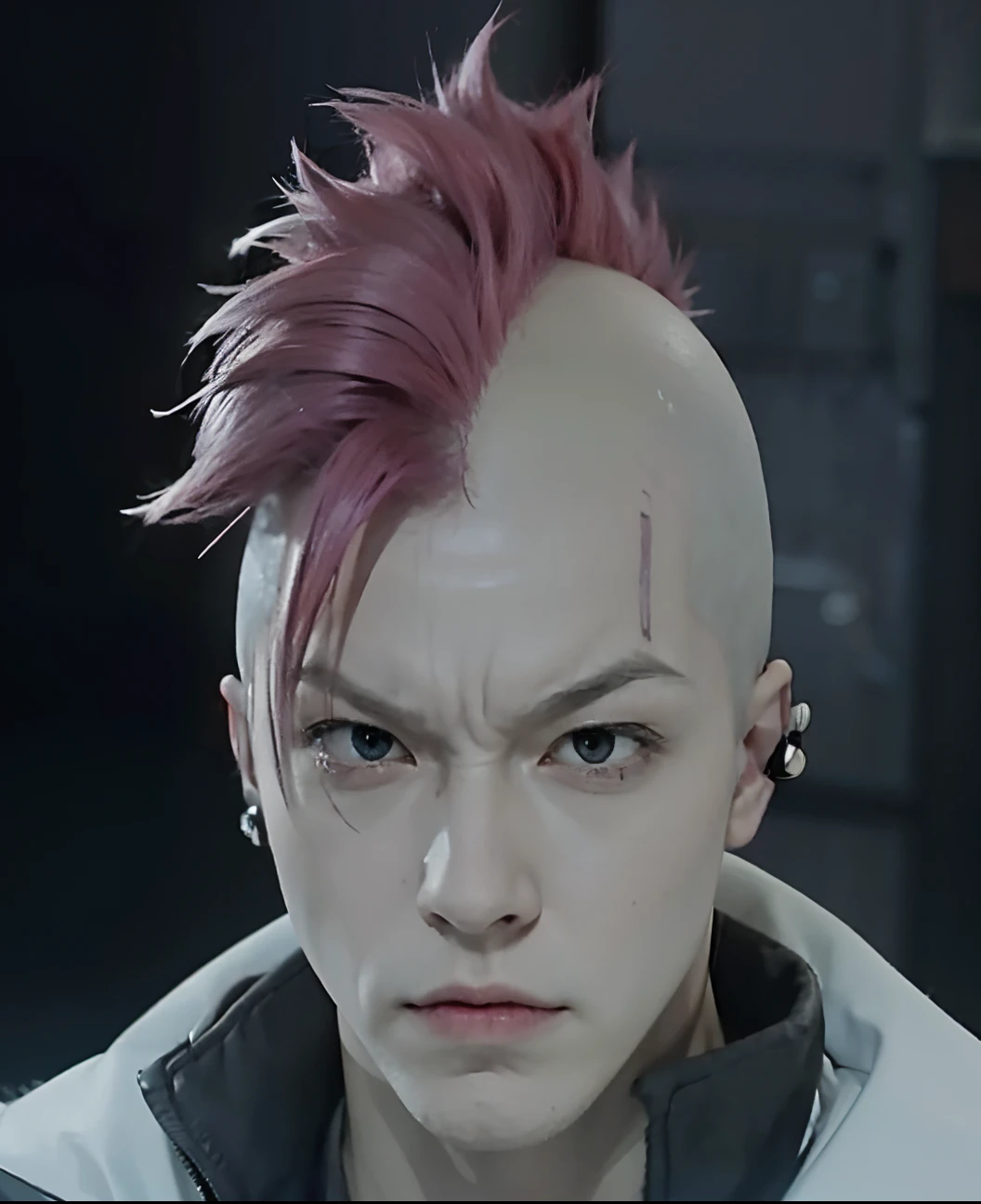 a close up of a angry person with a pink hair and a white jacket, roguish smirk, portrait of hisoka hunter hunter, white mohawk, trigger anime artstyle, with a mohawk, joker looks like naruto, hisoka, anime character, screenshot from a 2012s anime, style of madhouse anime, male anime character, pink mohawk, real life, ultra realistic, 8k, live action, realistic hair, [:intricate details:1.0], realistic:1.3, sides of the head is bald, ears pierced