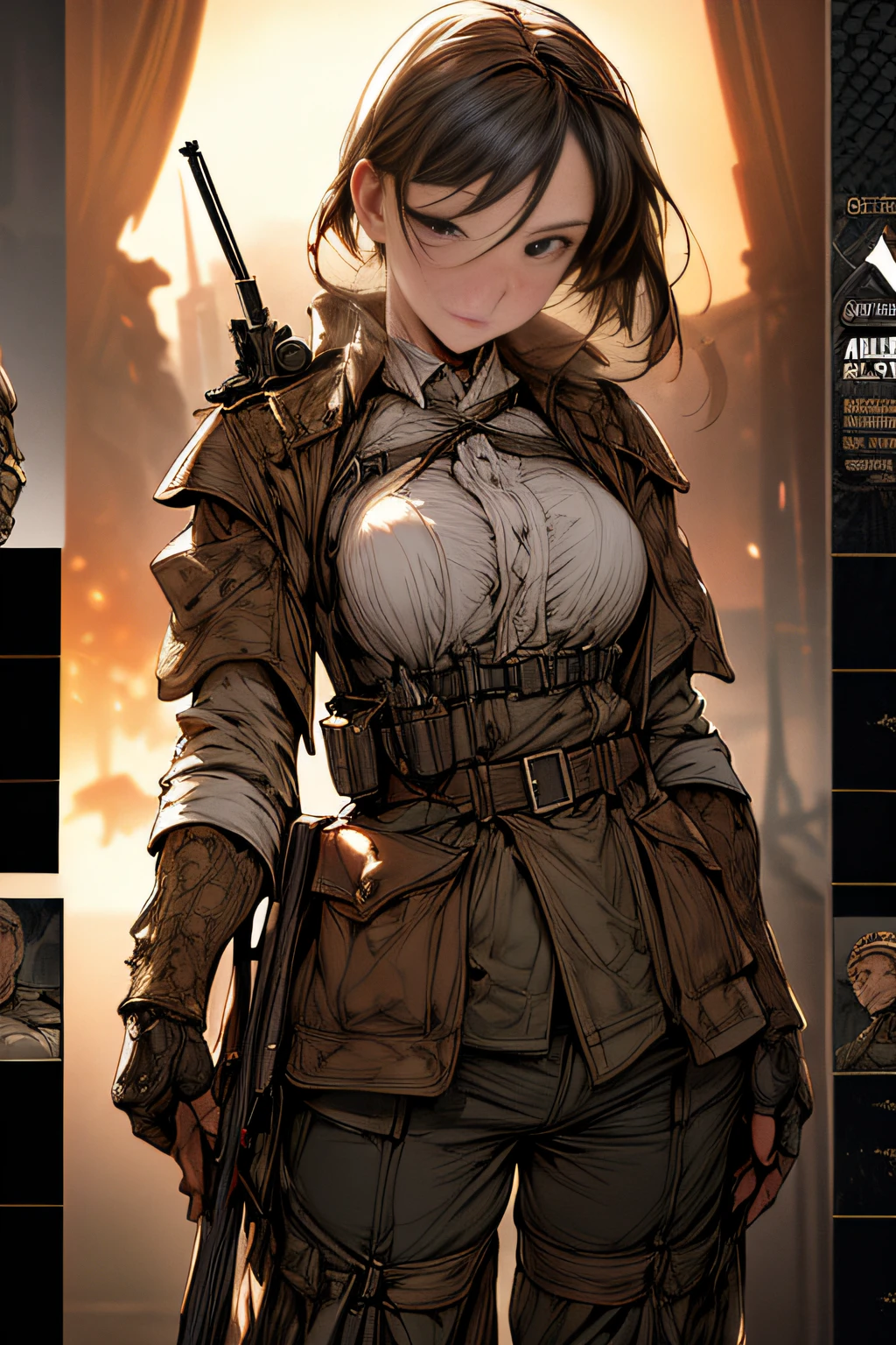 (hard disk, sharp, fractals),(8K resolution), actionpose、ww1ger、(comic book style),(Lola:Bad image:1.0),(Lola:add more details:1.2 ),、Detailed and complex、intricate-detail、high intricate detailed、absurd amount of details、((looking at the viewers))、 A detailed face, 1girl in_独奏, Imperial German Army Uniform、Mechanical weapons、Battlefield Background