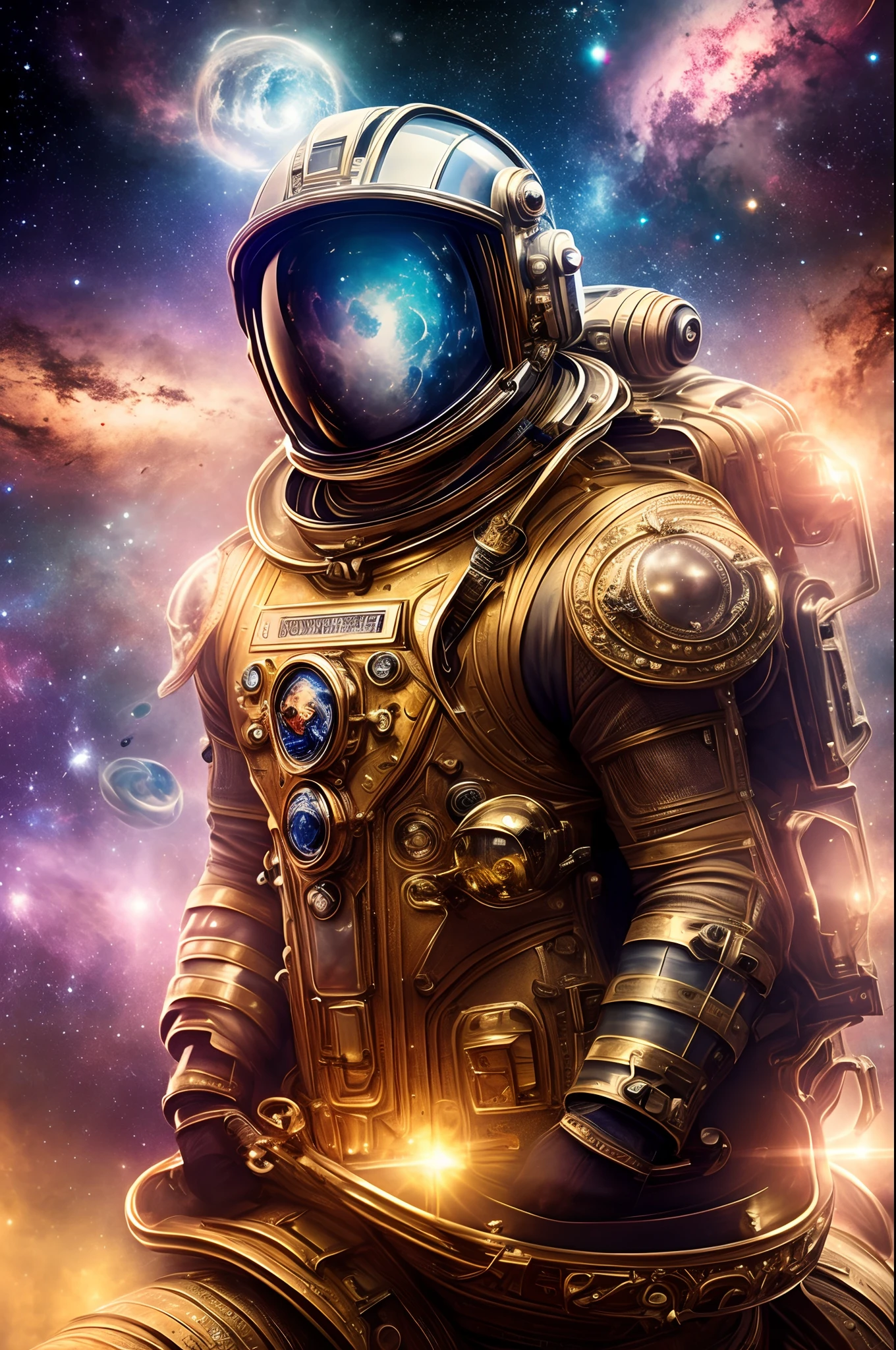 best quality,4k,8k,highres,masterpiece:1.2), ultra-detailed, (realistic,photorealistic,photo-realistic:1.37), Renaissance-style portrait, astronaut in space, detailed starry background, reflective helmet, golden reflective visor, antique space suit, celestial scenery, cosmic dust, illuminated constellations, ethereal glow, intricate space helmet design, elaborate space armor, intricate space suit details, majestic celestial bodies, vibrant star clusters, ornate astronaut helmet, intricate astronaut gloves, captivating astronaut expression, vintage space exploration, cosmic tranquility, luminous nebulae, dignified astronaut demeanor, breathtaking space backdrop.