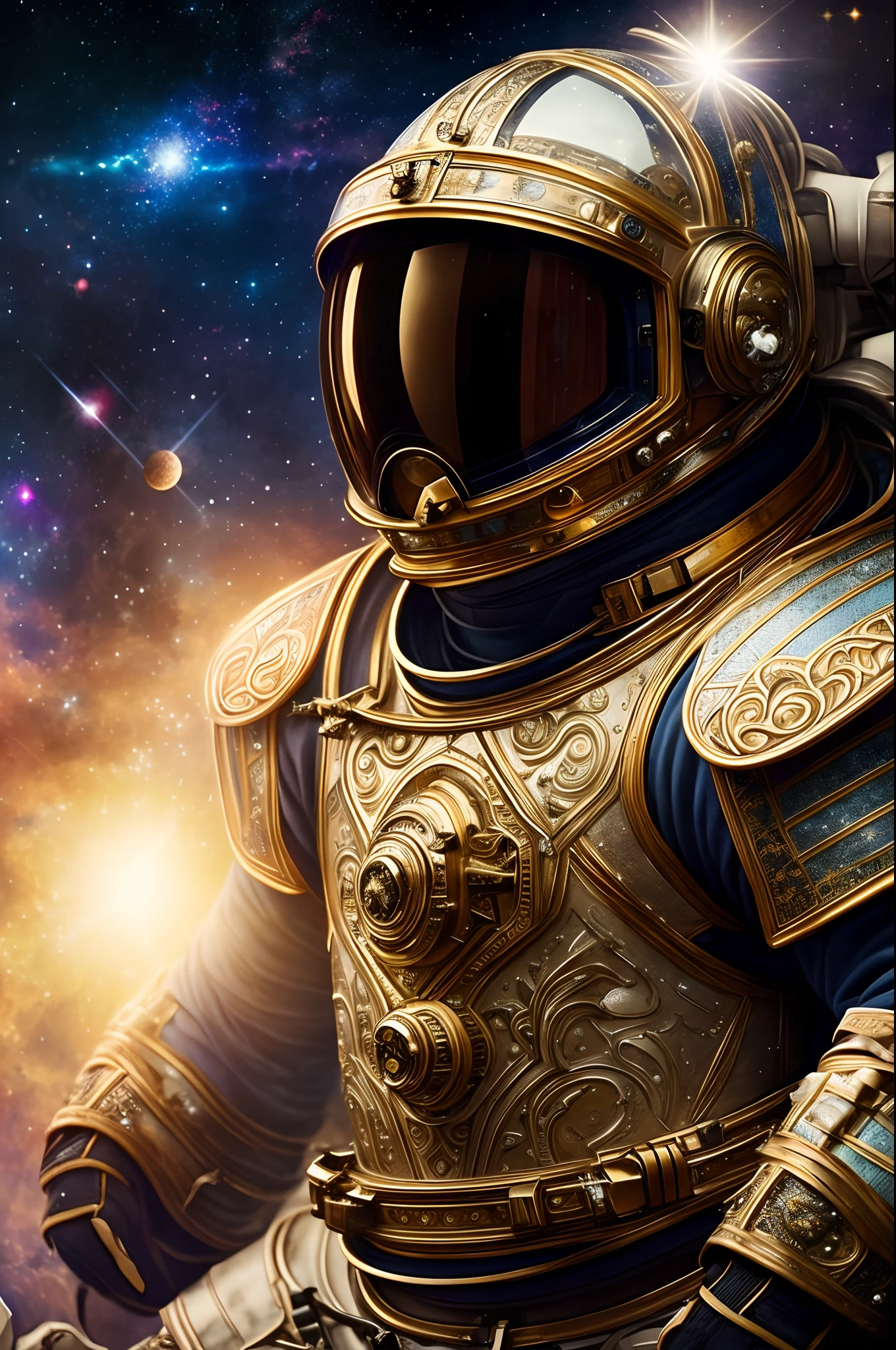 best quality,4k,8k,highres,masterpiece:1.2), ultra-detailed, (realistic,photorealistic,photo-realistic:1.37), Renaissance-style portrait, astronaut in space, detailed starry background, reflective helmet, golden reflective visor, antique space suit, celestial scenery, cosmic dust, illuminated constellations, ethereal glow, intricate space helmet design, elaborate space armor, intricate space suit details, majestic celestial bodies, vibrant star clusters, ornate astronaut helmet, intricate astronaut gloves, captivating astronaut expression, vintage space exploration, cosmic tranquility, luminous nebulae, dignified astronaut demeanor, breathtaking space backdrop.