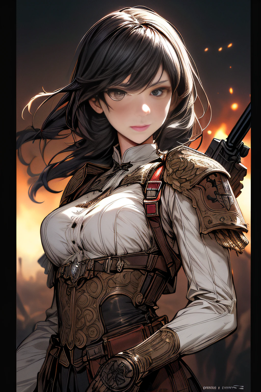 (hard disk, sharp, fractals),(8K resolution), actionpose、ww1ger、(comic book style),(Lola:Bad image:1.0),(Lola:add more details:1.2 ),、Detailed and complex、intricate-detail、high intricate detailed、absurd amount of details、((looking at the viewers))、 A detailed face, 1girl in_独奏, Imperial German Army Uniform、Mechanical weapons、Battlefield Background