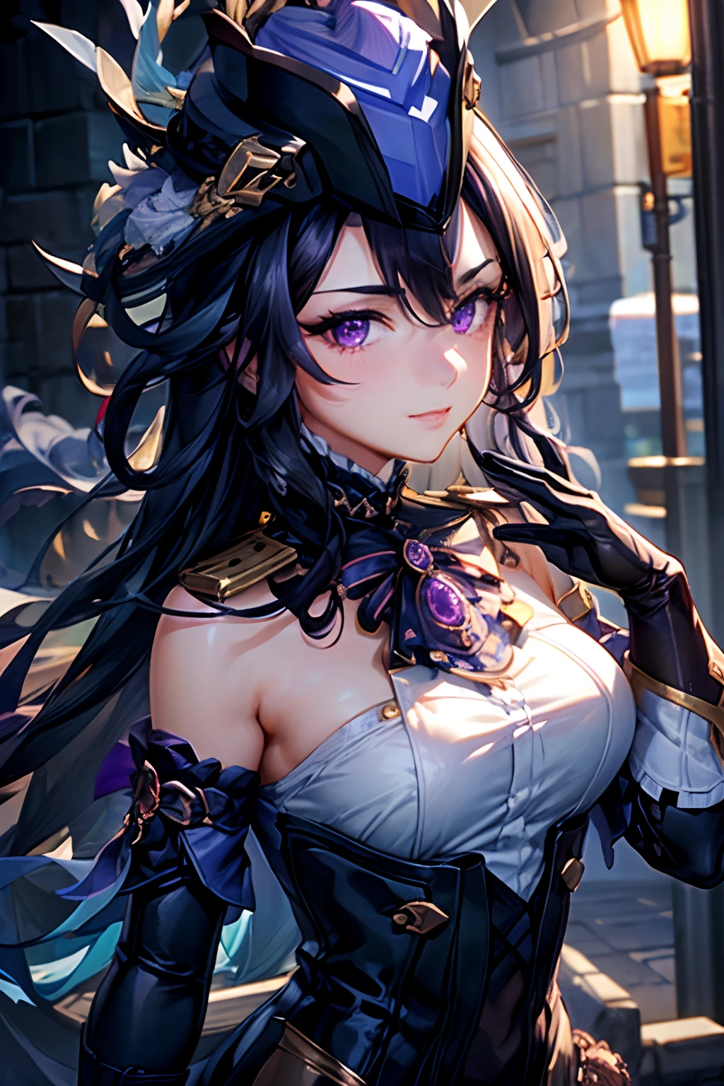 masterpiece, best quality, ultra-detailed, illustration, epic lighting, cinematic composition, isometric, 1girl, solo, cute, looking at viewer, peeking out upper body, blush, seductive smile, closed mouth,(8k:1.1),armpit,clorinde,1girl, black hair, purple eyes, hat, clorinde_outfit,1girl, black hair, purple eyes, hat,