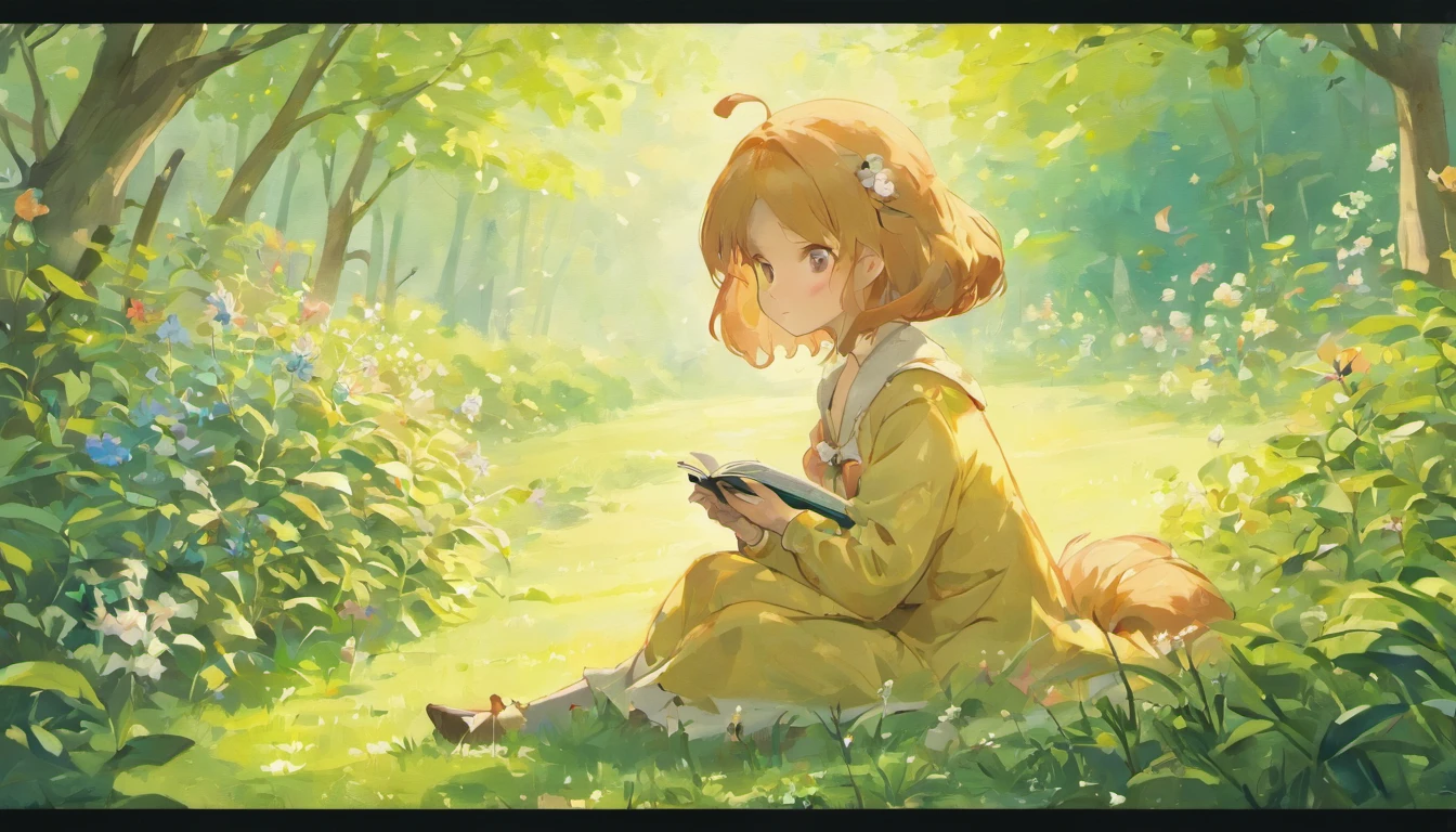 (best quality,highres,masterpiece:1.2),charming and delicate illustration,Beatrix Potter-style picture book illustration, a girl enjoying tea in a garden with a Shiba Inu sitting at her feet. The illustration is captivating and exquisite, with soft colors and intricate details.