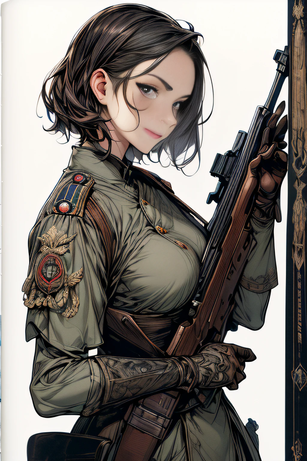 (hard disk, sharp, fractals),(8K resolution), actionpose、ww1ger、(comic book style),(Lola:Bad image:1.0),(Lola:add more details:1.2 ),、Detailed and complex、intricate-detail、high intricate detailed、absurd amount of details、((looking at the viewers))、 A detailed face, 1girl in_独奏, Imperial German Army Uniform、Mechanical weapons、Battlefield Background