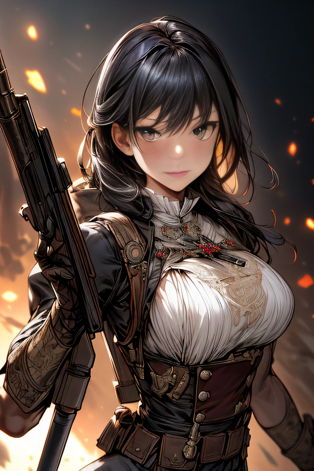 (hard disk, sharp, fractals),(8K resolution), actionpose、ww1ger、(comic book style),(Lola:Bad image:1.0),(Lola:add more details:1.2 ),、Detailed and complex、intricate-detail、high intricate detailed、absurd amount of details、((looking at the viewers))、 A detailed face, 1girl in_独奏, Imperial German Army Uniform、Mechanical weapons、Battlefield Background