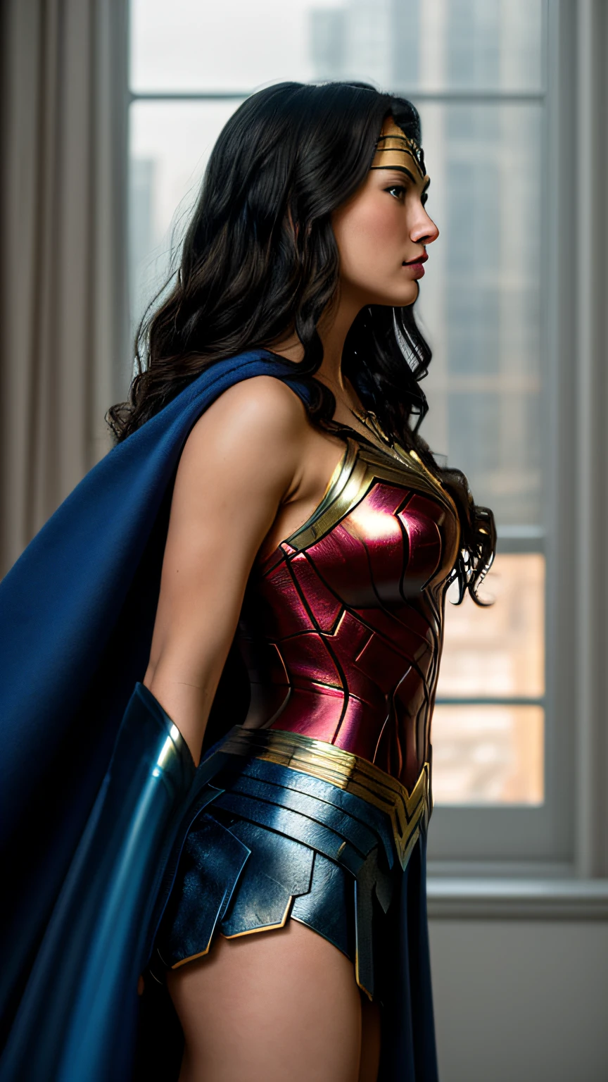 (masterpiece, top-quality, hightquality, hight resolution), Cinematic soft lighting、Illuminate the amazingly detailed and ultra-realistic Wonder Woman trending on ArtStation。octane、It's the perfect tool to capture the softest details of this 16k photography masterpiece、New York City、suburb、Dress up like Wonder Woman、(blue cloak、disccircularshielded),、Long Wave Hair、(view from below)、super low angle、