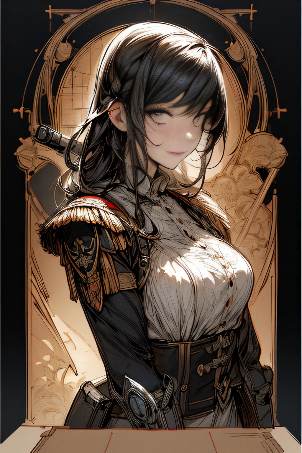(hard disk, sharp, fractals),(8K resolution), actionpose、ww1ger、(comic book style),(Lola:Bad image:1.0),(Lola:add more details:1.2 ),、Detailed and complex、intricate-detail、high intricate detailed、absurd amount of details、((looking at the viewers))、 A detailed face, 1girl in_独奏, Imperial German Army Uniform、Mechanical weapons、Battlefield Background