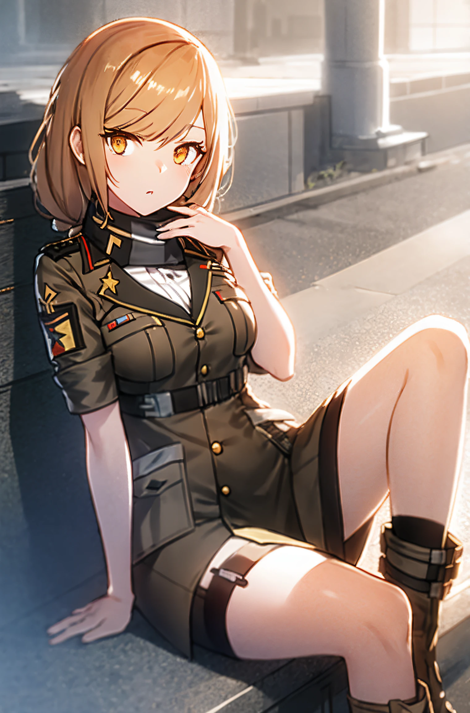 orange eyes light, richly faded light long orange hair, anime 1girl, brown military boots, khaki jacket , (good leg:1.1), (best hand:1.2), girls frontline, girls frontline style,  fine details, render of april