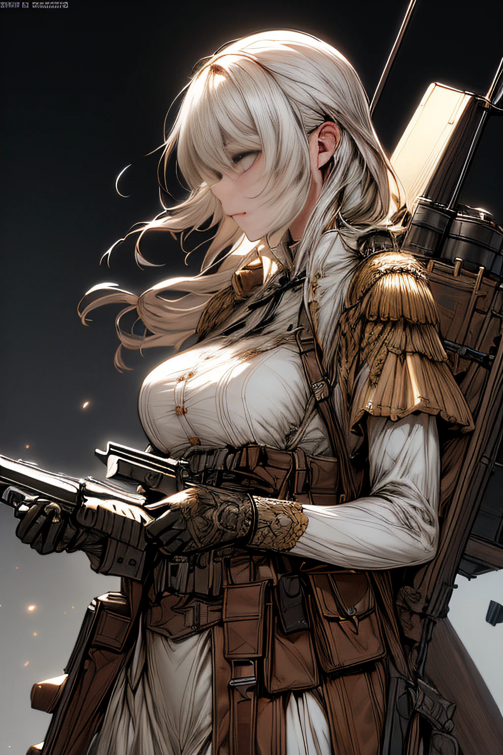 (hard disk, sharp, fractals),(8K resolution), actionpose、ww1ger、(comic book style),(Lola:Bad image:1.0),(Lola:add more details:1.2 ),、Detailed and complex、intricate-detail、high intricate detailed、absurd amount of details、((looking at the viewers))、 A detailed face, 1girl in_独奏, Imperial German Army Uniform、Mechanical weapons、Battlefield Background