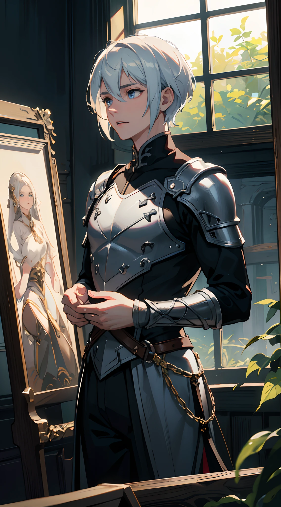 ((Best quality)), ((masterpiece)), (detailed:1.4), 3D, an image of a beautiful fantasy character ,HDR (High Dynamic Range),Ray Tracing,NVIDIA RTX,Super-Resolution,Unreal 5,Subsurface scattering,PBR Texturing,Post-processing,Anisotropic Filtering,Depth-of-field,Maximum clarity and sharpness,Multi-layered textures,Albedo and Specular maps,Surface shading,Accurate simulation of light-material interaction,Perfect proportions,Octane Render,Two-tone lighting,Wide aperture,Low ISO,White balance,Rule of thirds,8K RAW, from waistline up , wearing fantasy mmo attire , sword art online art style , white background, Handsome man , White hair , very Short hair , Blue eyes , light skin , muscular, age 28,