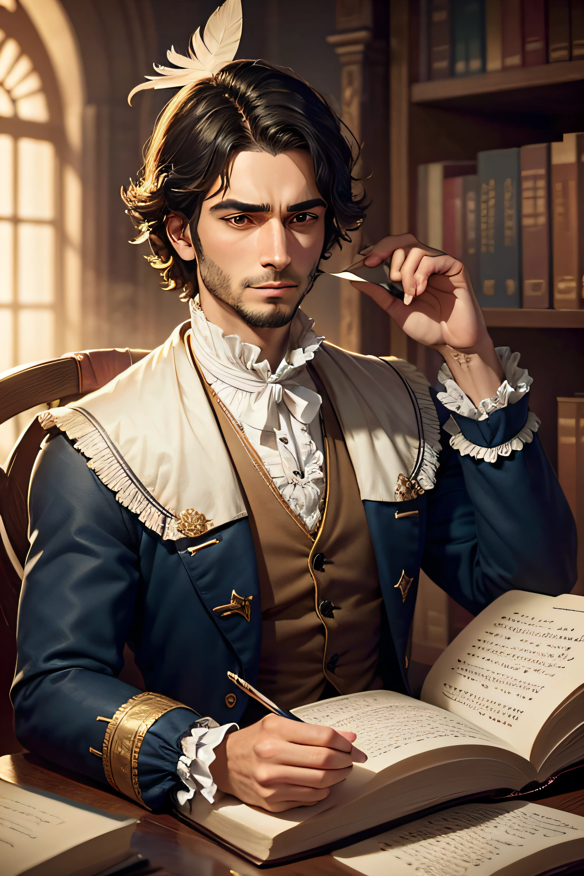 Criar uma persona vetorizada para um influente pensador iluminista. description: Draw a picture of a philosopher dressed in typical 18th-century costumes, with a serious expression and a feather in his hand, symbolizing his role as a prolific writer. Destacar elementos como livros antigos, um tinteiro com uma pena, and perhaps a library setting in the background to convey the spirit of the Enlightenment