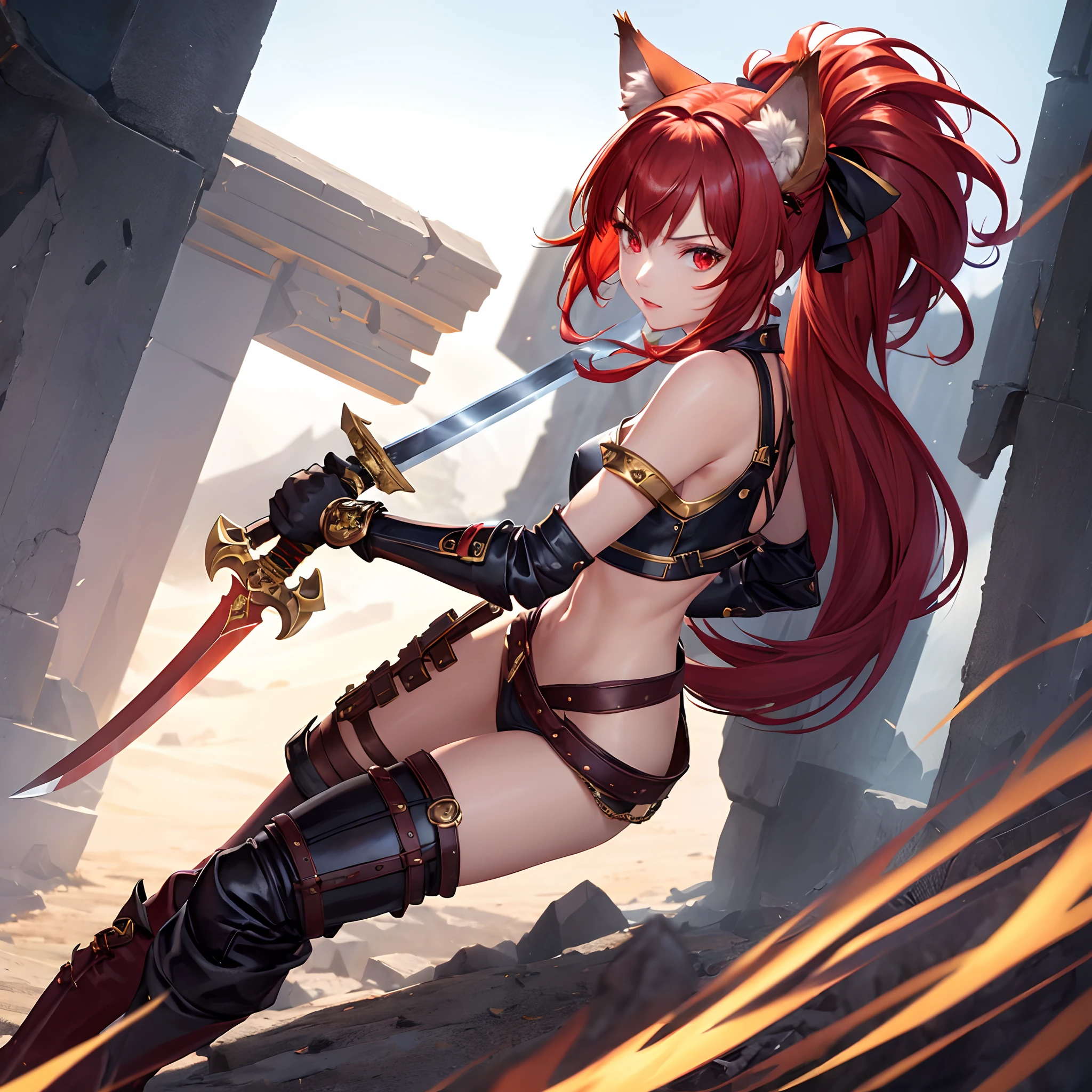 (masterpiece:1.3) extremely detailed, best quality, ((extremely detailed CG)), wolf ears, wolf tail, solo, 1girl, bare shoulders, bodysuit, boots, young girl, clothing, scarlet red hair, sky red hair, short hair, side locks, bangs, elbow gloves, footwear, gloves, gold eyes, red eyes, looking at viewer, medium hair, power_symbol, sideboob, navel, midriff, 1girl, hair ornament, hair ribbon, short hair, holding sword handle, fun expression, sword stance, fighting stance, sexy knight armor, battlefield