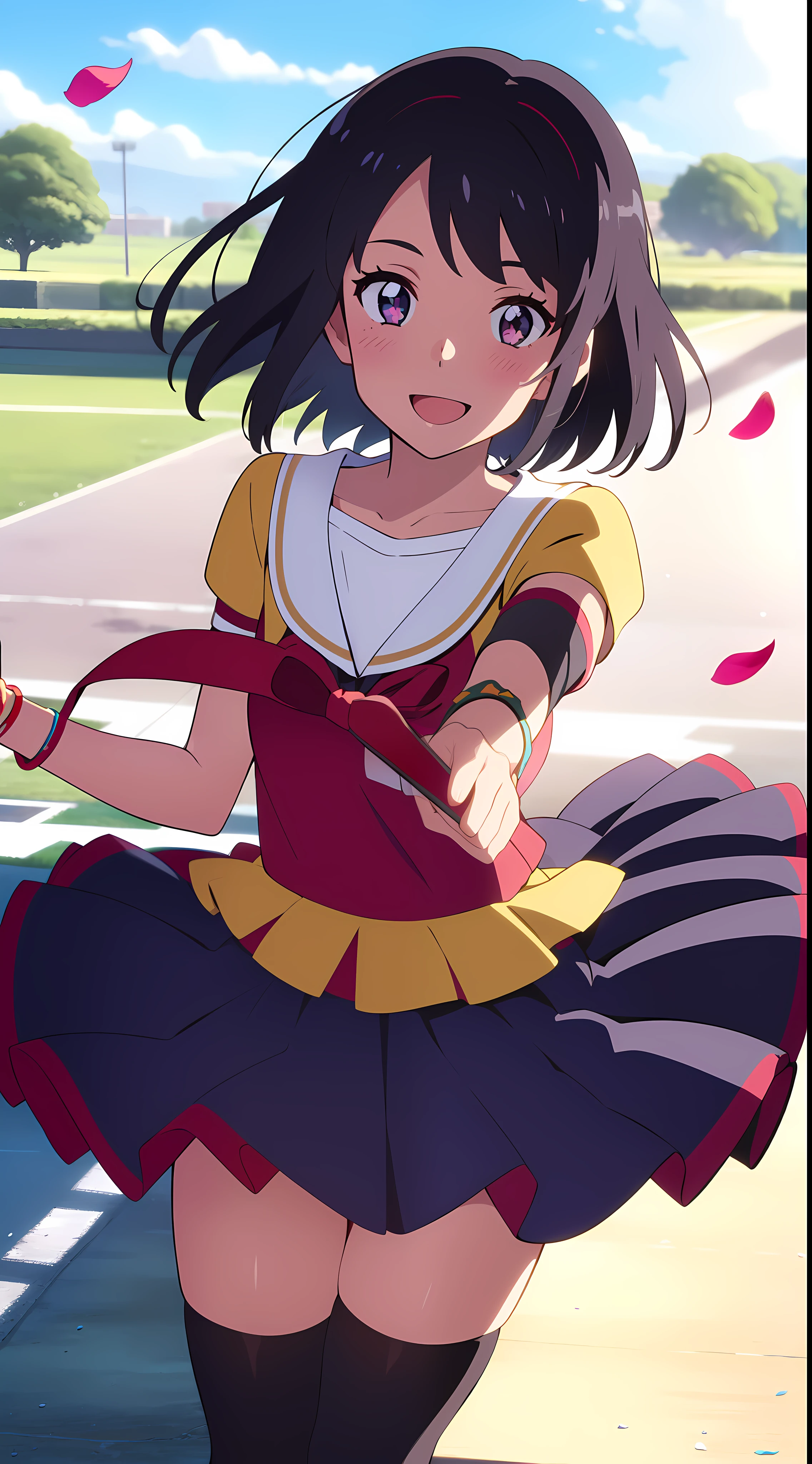 shinkai makoto, kimi no na wa., 1girl, bangs, black hair, brown eyes, blush, solo, idol, short hair, white hair flower, ribbon, bow, standing on one leg, armlet, bracelet, arm ribbon, thighhighs, outstretched arm, petals, red headband, floating hair, dynamic pose, cinematic angle, cowboy shot, light particles, sparkle, beautiful detailed eyes, shiny skin, shiny hair, sunbeam, wide shot, depth of field, backlighting, day, beautiful clouds, gradient sky, dappled sunlight, contrail, outdoors, reflective floor, park, school, flowery meadow, wind, cute, smile, open mouth, :D, cheerleader, \(cheerleading\), collarbone, holding pom poms, layered skirt, pleated skirt, short sleeves, outdoors