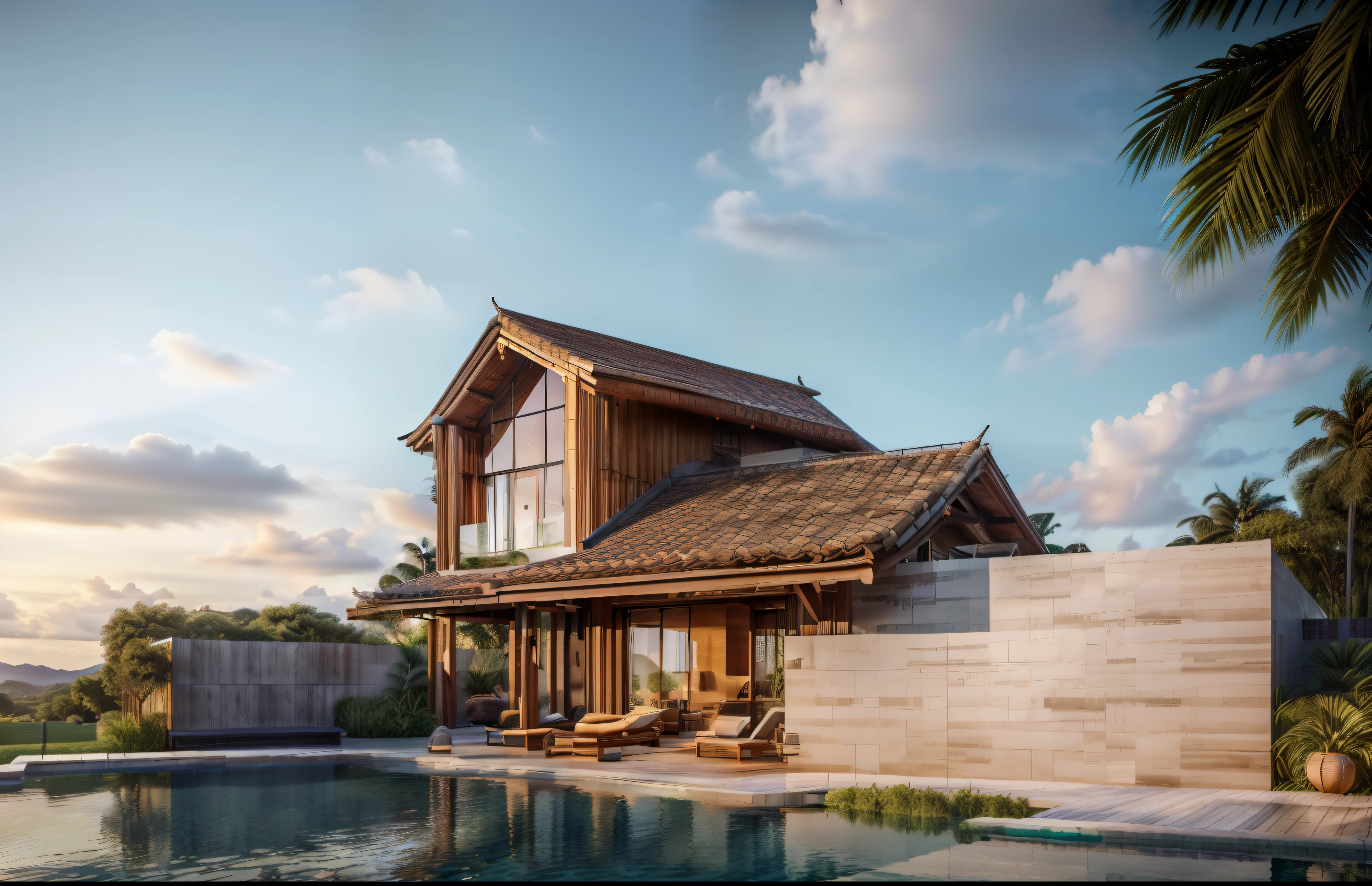 "(best quality,4k,8k,highres,masterpiece:1.2),ultra-detailed,(realistic,photorealistic,photo-realistic:1.37),country house,modern bamboo materials,red tile roof,glass,swimming pool,green trees,coconut trees,landscape,sharp focus,vivid colors,natural lighting"