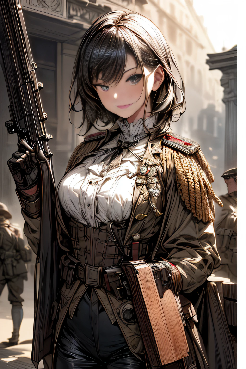(hard disk, sharp, fractals),(8K resolution), actionpose、ww1ger、(comic book style),(Lola:Bad image:1.0),(Lola:add more details:1.2 ),、Detailed and complex、intricate-detail、high intricate detailed、absurd amount of details、((looking at the viewers))、 A detailed face, 1girl in_独奏, Imperial German Army Uniform、Mechanical weapons、the complex background