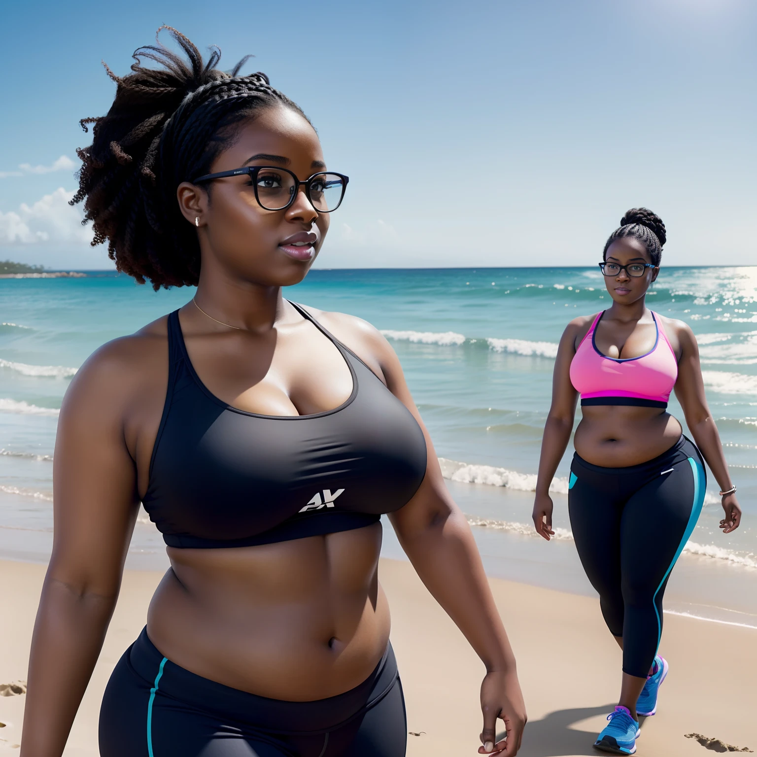 Hyper realistic portrait, very fat black girl, dynamic lighting, very detailed, well-hydrated black skin, short hair, dark wavy hair, nerdy glasses, big boobs, Walking along the beach, vibrant colored workout clothes, hair tied up