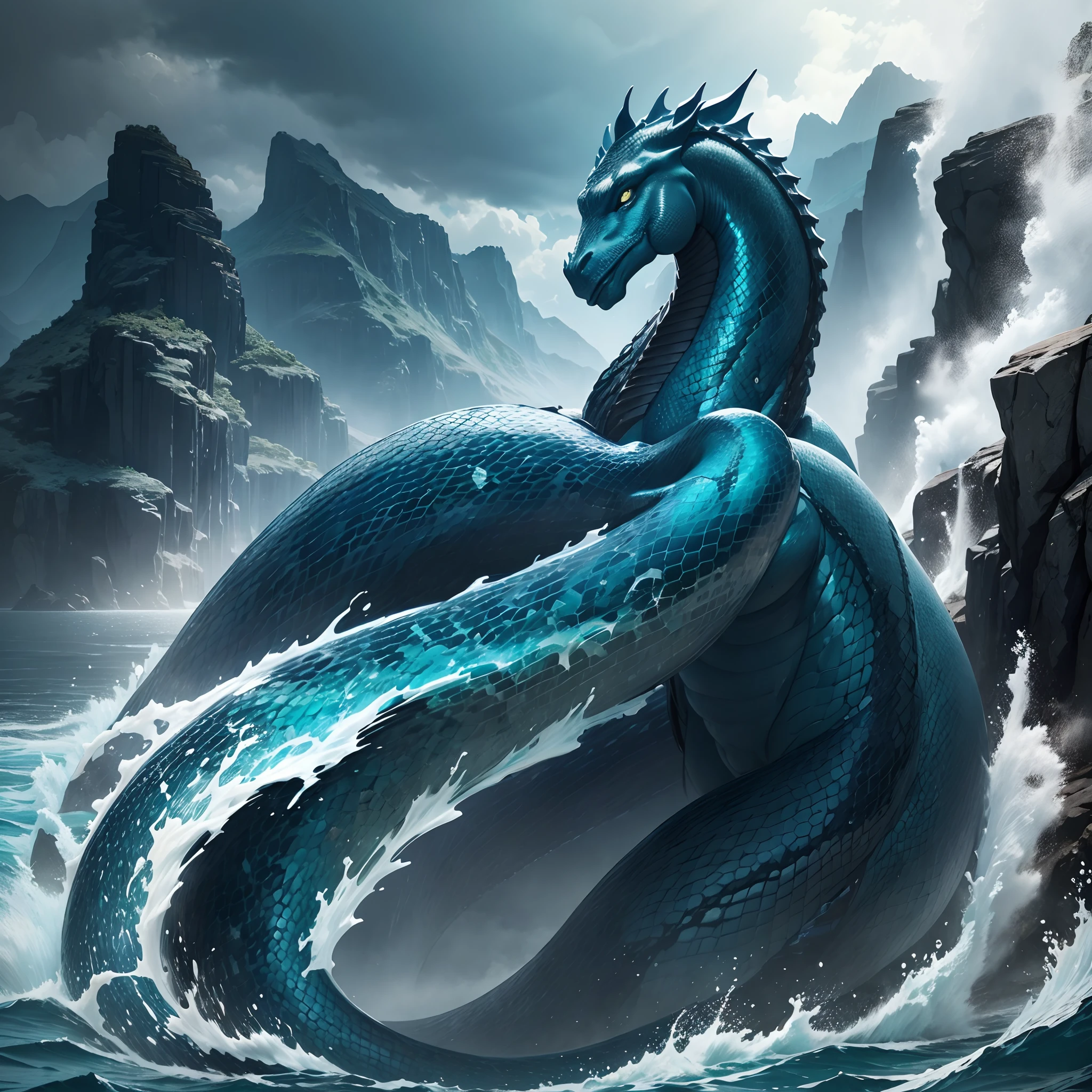 blue and green serpent water horse, white eyes, snake body, coil, twirly, horse head, 4 hoofs, rising from the middle of the sea, large water dragon, Poseidon boss fight from god of war 3, snake body with horse head, mountain waterfall, middle of the ocean, dark stormy night, rain, long body