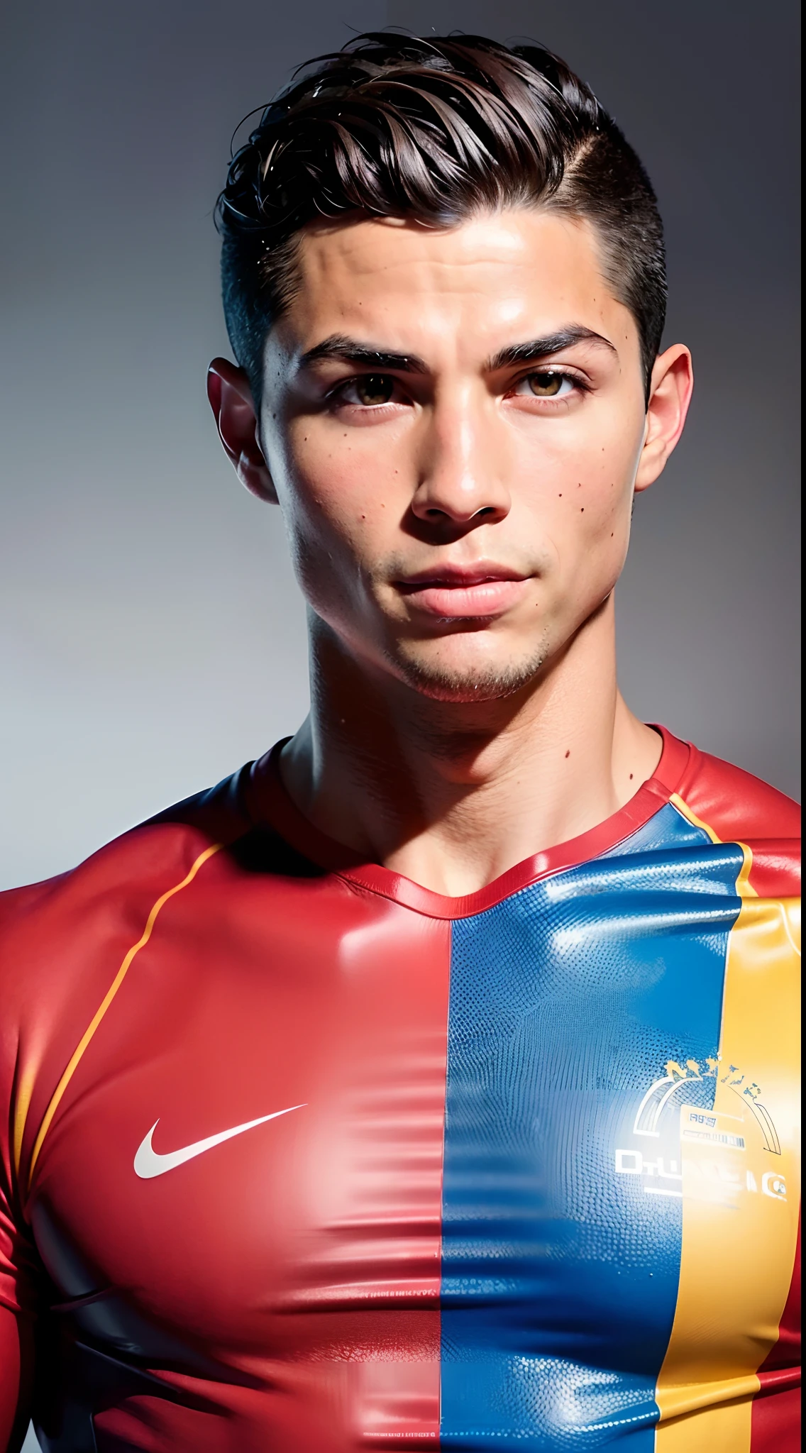 "Cristiano Ronaldo smiling picture is a real masterpiece with masculine beauty, perfect anatomy. Olpntng style, colorful rainbow, t-shirt design, clean design, epic Instagram, artstation, full of color paint streaks, wlop, contour. When you look at his beautiful eyes, you will see clearly every small detail and perfect line, every detail on the skin is beautiful in 8K quality , people will be captivated by the confidence radiating from every look. The face is drawn meticulously in every detail with 8K image quality.''