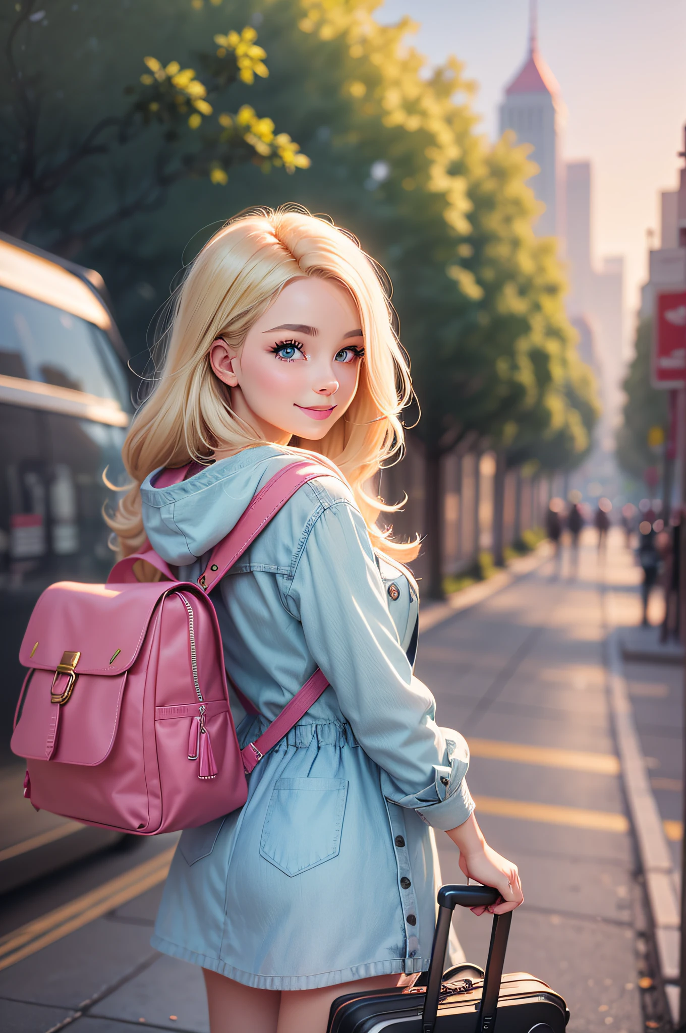 digital illustration, a young happy woman, with light blonde hair, barbie style, with backpack and suitcase, pink, fashionable clothes, light blue eyes, smiling, full body. Barbie style, details in clothes. angelic beauty.
​See details
