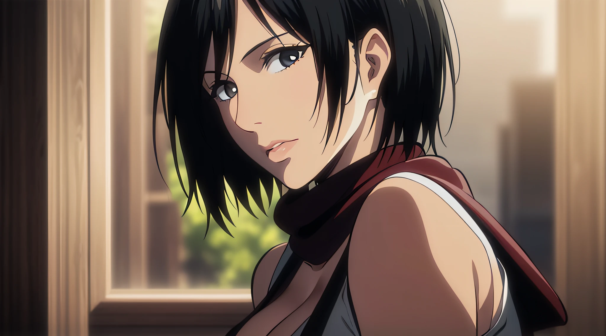 1girl, mikasa ackerman, (black hair:1.3), hair between eyes, short hair, sideburns, gray eyes, lips, cleavage, close up, solo, lips,, masterpiece, best quality,