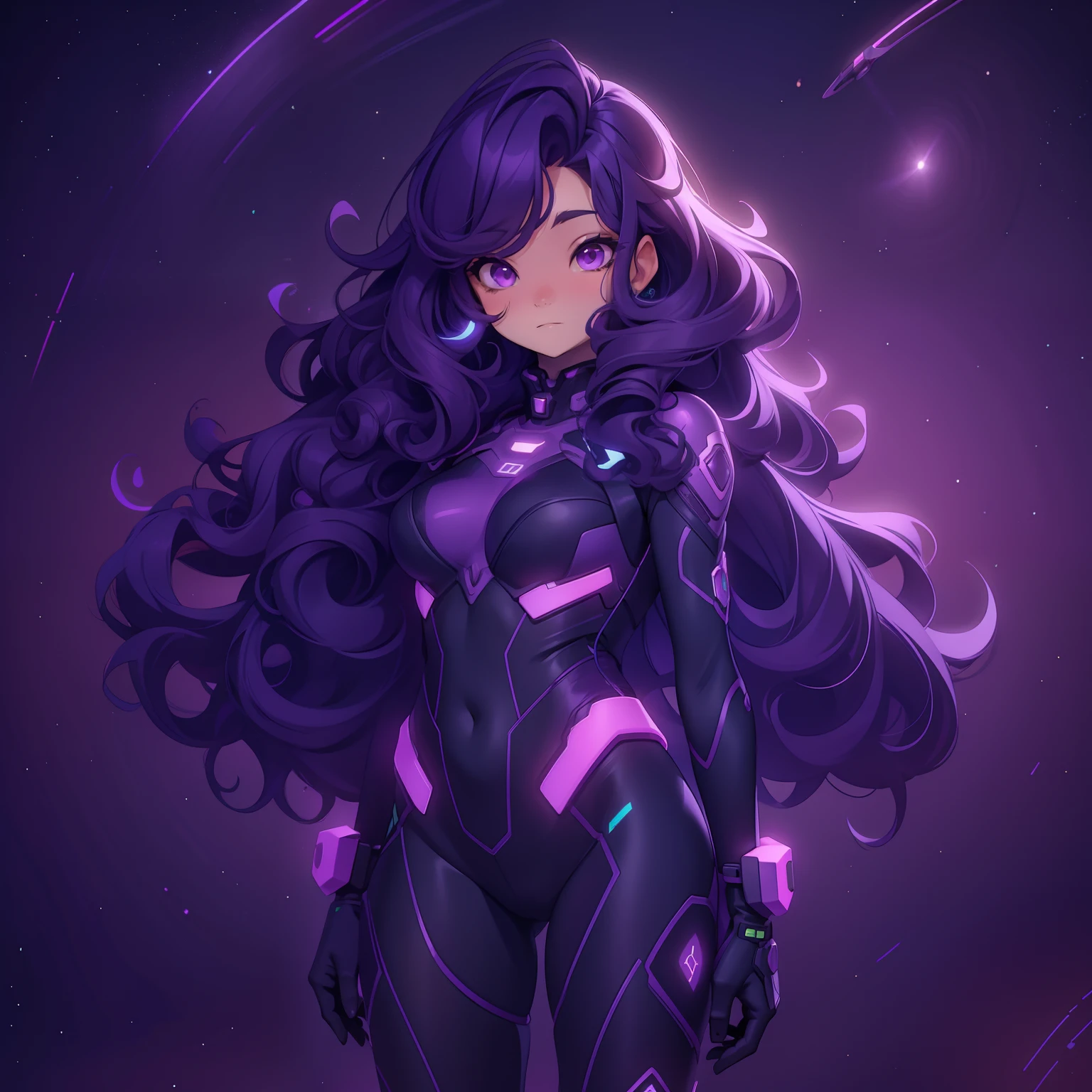 Girl, dark purple long curly hair, neon mech suit, space background