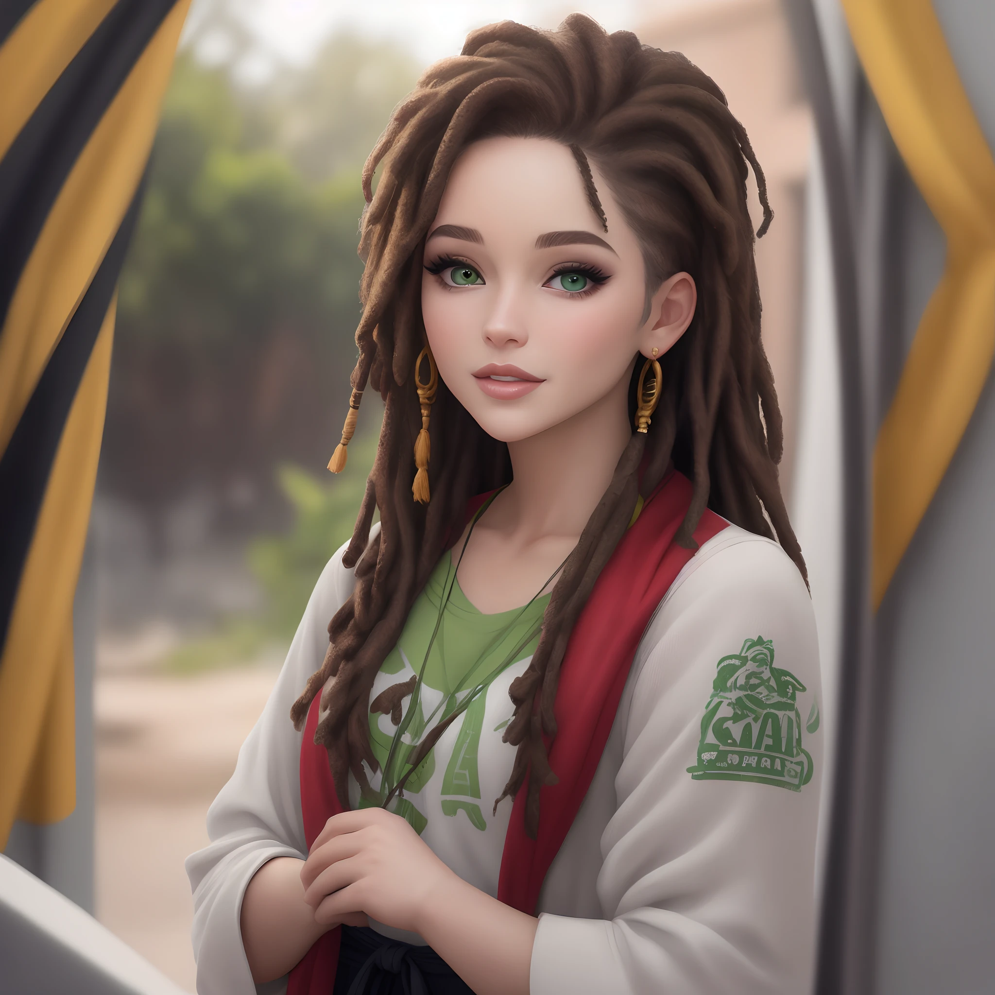 ((La mejor calidad)), ((realista)), beautiful Caucasian woman,ojos verdes, cabello color rojo con dreacklos dreacks rastafari, Fairy loocks extra long high definition hyperthyroidism canon 50, 8k,Parte superior del cuerpo, El cabello consiste en numerosas cordones definidos, ropa tribal sexy Rostro femenino, Tendencia en ArtStation, Enfoque claro, Toma de estudio, Detalles intrincados, Altamente detallado, ojo detallado, illustration, Altamente detallado, foco nítido, Renderizado digital, profesional, 4k,
