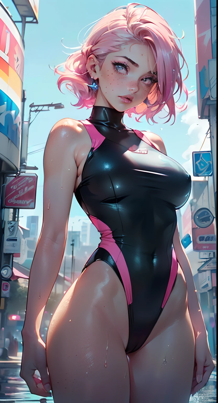 sporty girl,(((1girl))),((girl with bubblegum pink hair and freckles,extremely cute and gorgeous)),

(large breasts:1.4),saggy breasts,(((bubblegum pink hair:1.35,straight hair,long hair:1.4,colored inner hair,ear breathing))),((((heterochromia:1.5,eye1 pink,eye2 blue))),intricate eyes,beautiful detailed eyes,symmetrical eyes,((fat)),(((freckles on the face,freckles,freckled girl))),(((lustrous skin:1.5,bright skin: 1.5,skin tanned,shiny skin,very shiny skin,shiny body,plastic glitter skin,exaggerated shiny skin,illuminated skin, wet legs))),(spider lower abdomen,narrow waist,wide hip,athletic body,inflated legs,delicate detailed fingers,detailed body,human hands,(detailed face)),

cute,slutty,seductive,erotic,(((nsfw))),

((one-piece_swimsuit magenta,wearing a one-piece_swimsuit outfit:1.3,magenta swimsuit:1.3)),((wet clothes,intricate outfit,intricate clothes)),

(dynamic pose:1.0),embarrassed,(centered,scale to fit dimensions,Rule of thirds),

cyberpunk city by the ocean at night, with bright neon signs and dark stormy clouds and puddles, scenery:1.25,

highres, sharp focus, (ultra detailed, extremely detailed), (photorealistic artwork:1.37),(extremely detailed CG unity 8k wallpaper),((synthwave background theme)),(((vibrant colors))),(intricate background),(masterpiece),(best quality),