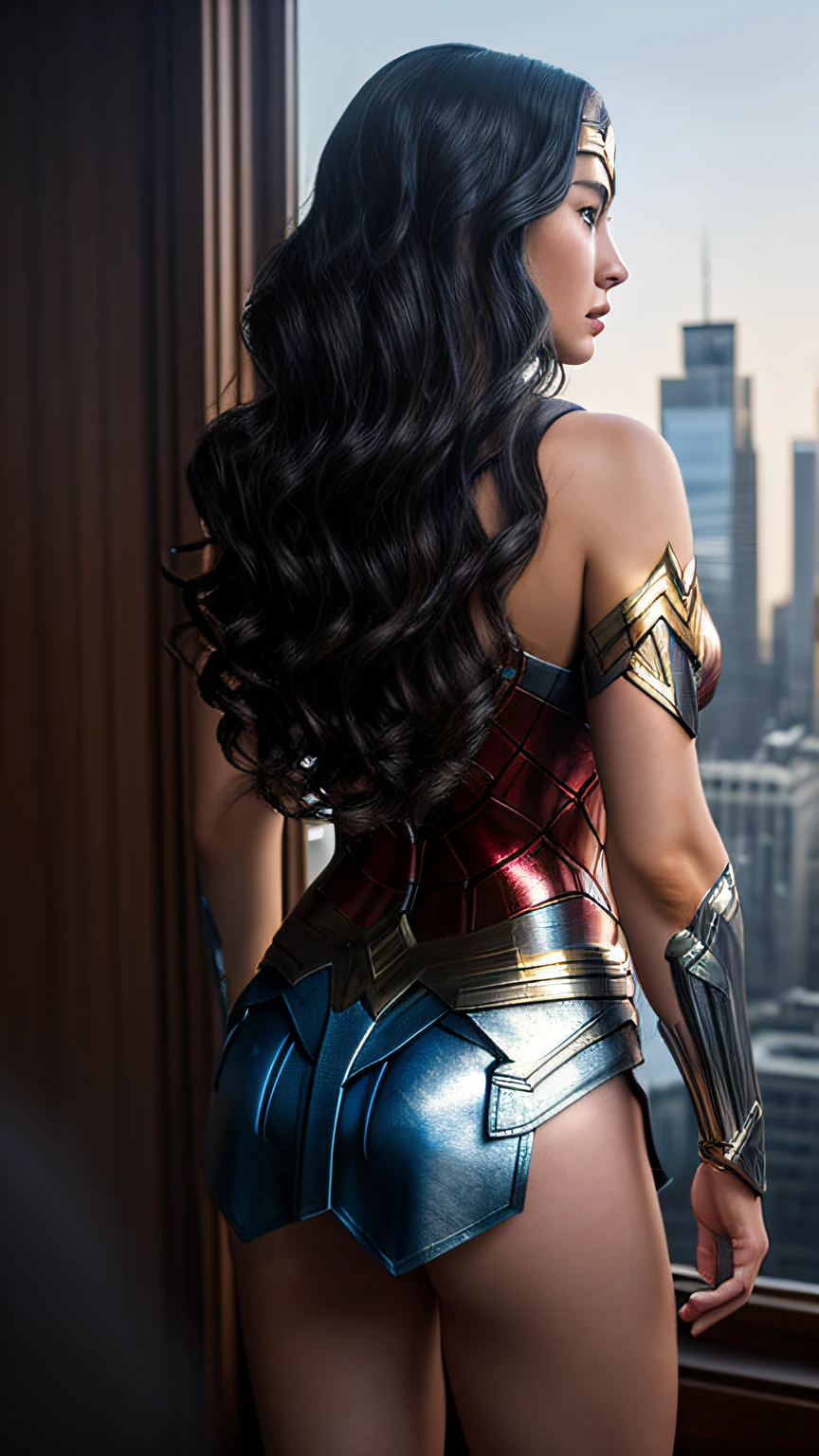masterpiece, top-quality, hightquality, hight resolution, Cinematic soft lighting、Illuminate the amazingly detailed and ultra-realistic Wonder Woman trending on ArtStation。octane、It's the perfect tool to capture the softest details of this 16k photography masterpiece、New York City、suburb、Dress up like Wonder Woman、blue cloak、disccircularshielded,、Long Wave Hair、(view from back)、