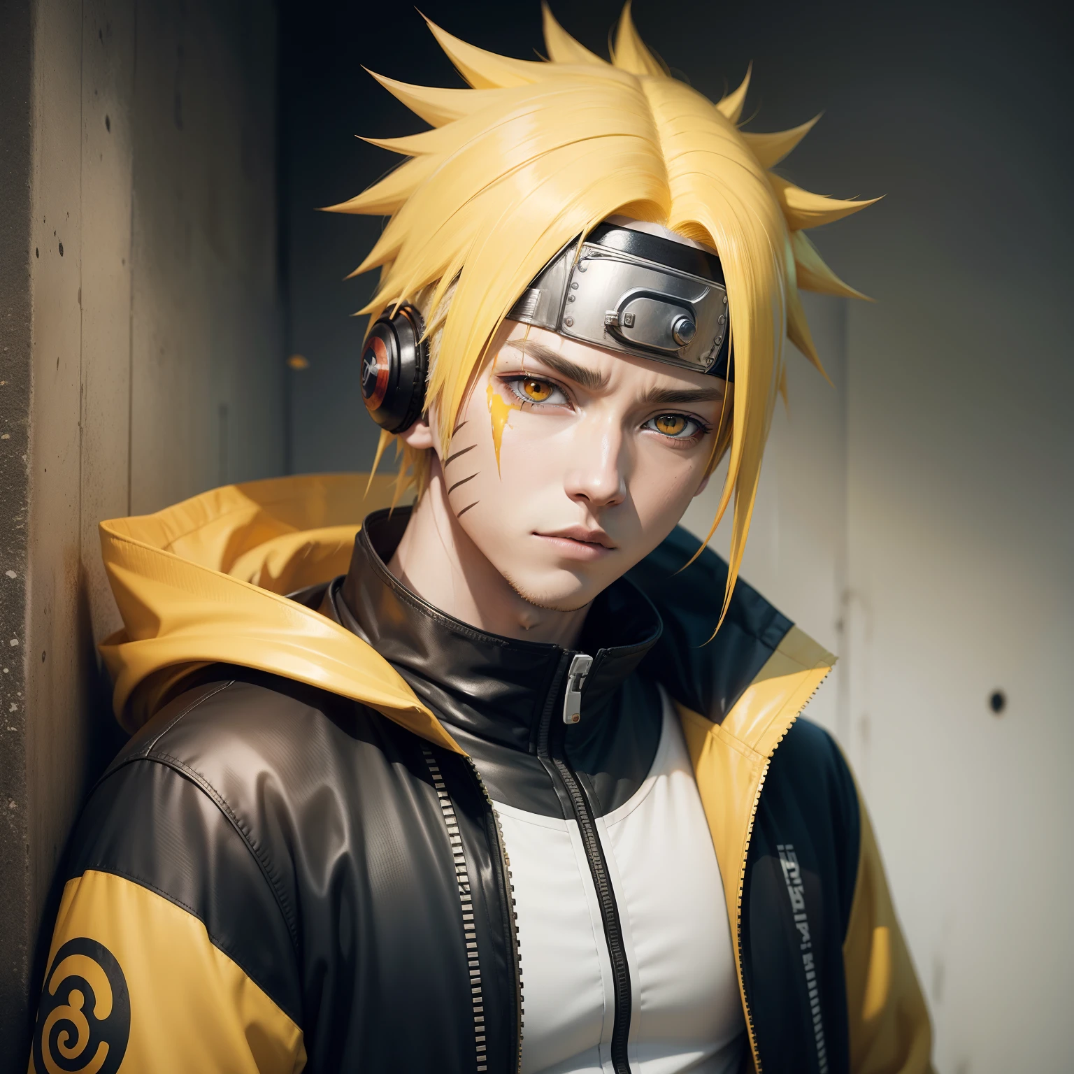 Create an image of Naruto Uzumaki in an uninteresting, emotionless pose. He must be dressed sloppily, with his orange attire faded and frayed. Your blonde hair should look dull and lifeless, without the characteristic spiky look. His eyes should look expressionless, without their characteristic sparkle. The background of the image must be monotonous and without elements related to the world of Naruto, such as ninja symbols or themed landscapes. Aspect Ratio: 16:9 --auto --s2