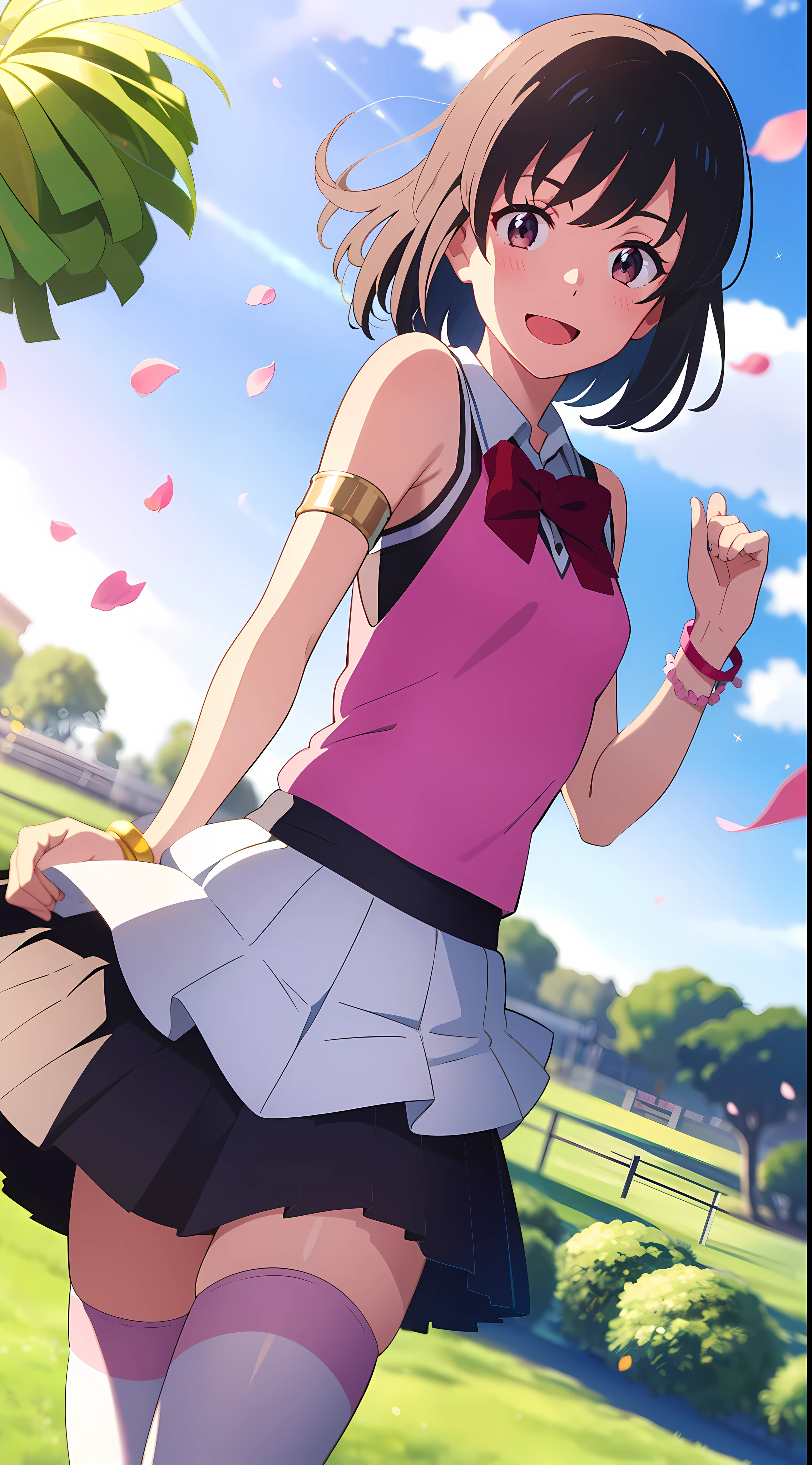 modelshoot style, masterpiece, absurdres, best quality, perfect anatomy, shinkai makoto, kimi no na wa., 1girl, bangs, (two-tone hair, pink hair, black hair), brown eyes, blush, solo, idol, short hair, white hair flower, ribbon, bow, standing on one leg, armlet, bracelet, arm ribbon, thighhighs, outstretched arm, petals, red headband, floating hair, dynamic pose, cinematic angle, cowboy shot, light particles, sparkle, beautiful detailed eyes, shiny skin, shiny hair, sunbeam, wide shot, depth of field, backlighting, day, beautiful clouds, gradient sky, dappled sunlight, contrail, outdoors, reflective floor, park, flowery meadow, wind, cute, smile, open mouth, :D, cheerleader, pom pom \(cheerleading\), collarbone, holding pom poms, layered skirt, pleated skirt, short sleeves, outdoors, school