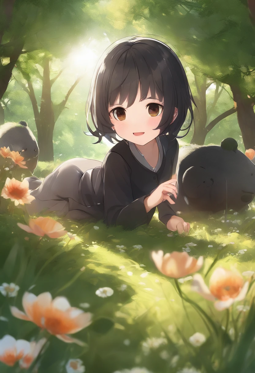masterpiece, best quality, in spring, sun, in a meadow, sky, game_cg, chibi, solo, short hair, black hair, ahoge, hand_to_mouth, Dental implant