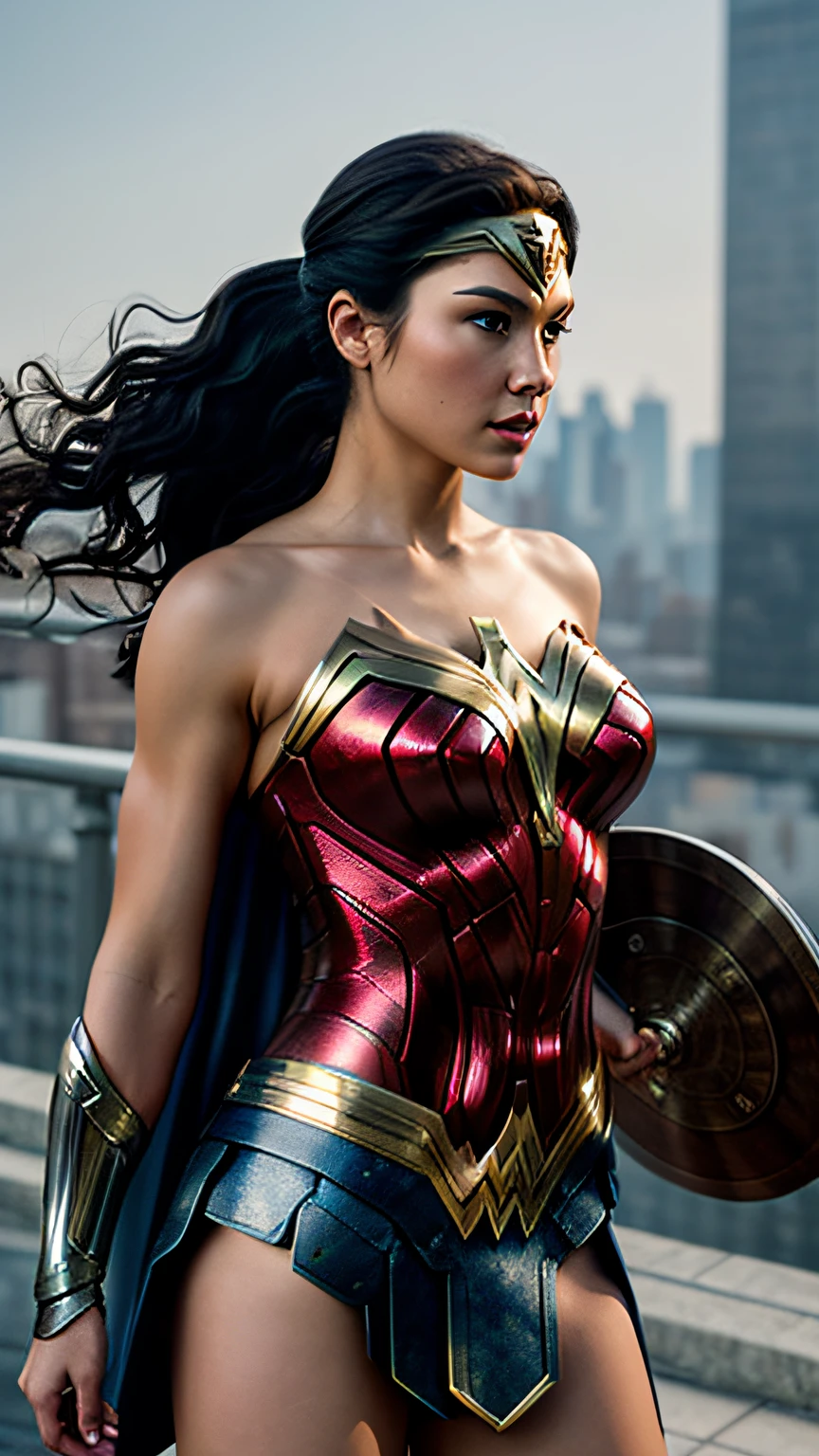 ​masterpiece, top-quality, hightquality, hight resolution, Cinematic soft lighting、Illuminate the amazingly detailed and ultra-realistic Wonder Woman trending on ArtStation。octane、It's the perfect tool to capture the softest details of this 16k photography masterpiece、New York City、Dress up like Wonder Woman、blue cloak、with a disc-shaped round shield,、poneyTail、