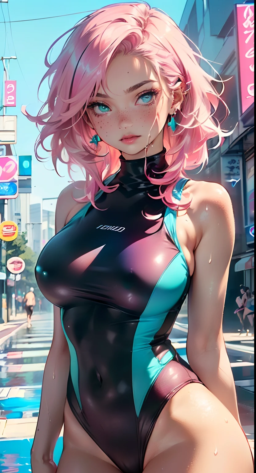 sporty girl,(((1girl))),((girl with bubblegum pink hair and freckles,extremely cute and gorgeous)),

(large breasts:1.4),saggy breasts,(((bubblegum pink hair:1.35,straight hair,long hair:1.4,colored inner hair,ear breathing))),((((heterochromia:1.5,eye1 pink,eye2 blue))),intricate eyes,beautiful detailed eyes,symmetrical eyes,((fat)),(((freckles on the face,freckles,freckled girl))),(((lustrous skin:1.5,bright skin: 1.5,skin tanned,shiny skin,very shiny skin,shiny body,plastic glitter skin,exaggerated shiny skin,illuminated skin, wet legs))),(spider lower abdomen,narrow waist,wide hip,athletic body,inflated legs,delicate detailed fingers,detailed body,human hands,(detailed face)),

cute,slutty,seductive,erotic,(((nsfw))),

((one-piece_swimsuit magenta,wearing a one-piece_swimsuit outfit:1.3,magenta swimsuit:1.3)),((wet clothes,intricate outfit,intricate clothes)),

(dynamic pose:1.0),embarrassed,(centered,scale to fit dimensions,Rule of thirds),

cyberpunk city by the ocean at night, with bright neon signs and dark stormy clouds and puddles, scenery:1.25,

highres, sharp focus, (ultra detailed, extremely detailed), (photorealistic artwork:1.37),(extremely detailed CG unity 8k wallpaper),((synthwave background theme)),(((vibrant colors))),(intricate background),(masterpiece),(best quality),