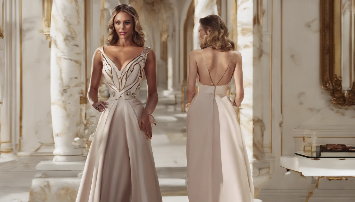Uma mulher com seios muito grandes em um vestido curto estilo europeu com decote