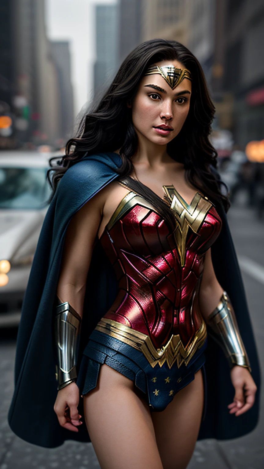 masterpiece, top-quality, hightquality, hight resolution, Cinematic soft lighting、Illuminate the amazingly detailed and ultra-realistic Wonder Woman trending on ArtStation。octane、It's the perfect tool to capture the softest details of this 16k photography masterpiece、NY City、Wear outfits like Wonder Woman、blue cloak