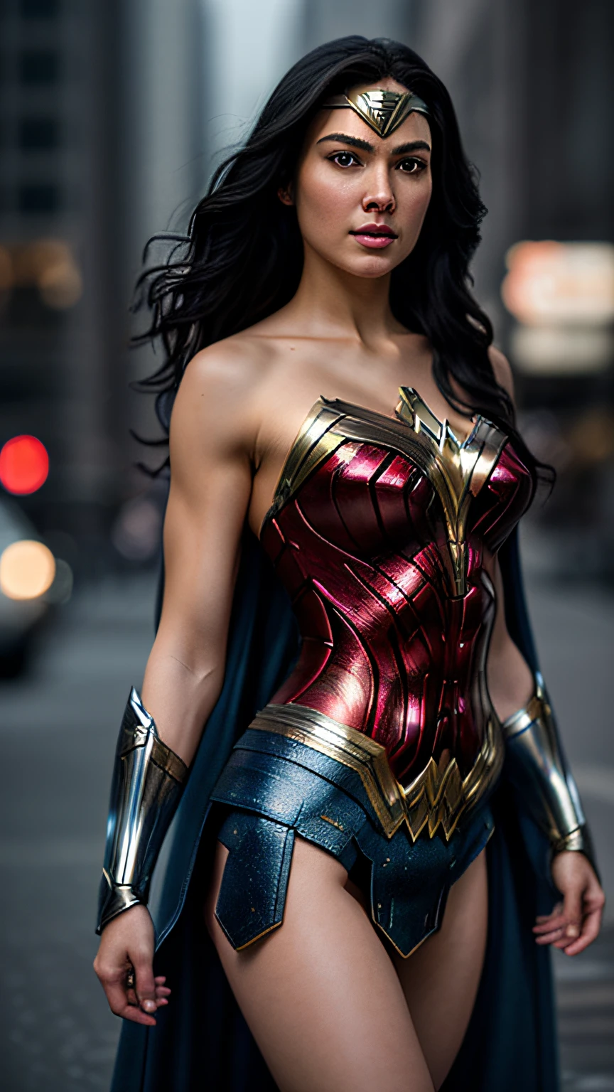 GORGEOUS WONDER WOMAN (DC COMICS), ELEGANT ATHLETIC BODY, 2 FEET TALL WOMAN,  RED BLUE COSTUME, GOLD DETAILS, EXPOSED GORGEOUS THIGHS, FLAT RED BOOTS, GOLD GAUNTLETS, HUGE LONG BLACK HAIR, EXPRESSIVE BLUE EYES, HIGH CHEEKBONE, ROSY CHEEKS, STRAPLESS BODYSUIT, FULL BODY PERSPECTIVE, WAR CENARY, MASTERPIECE