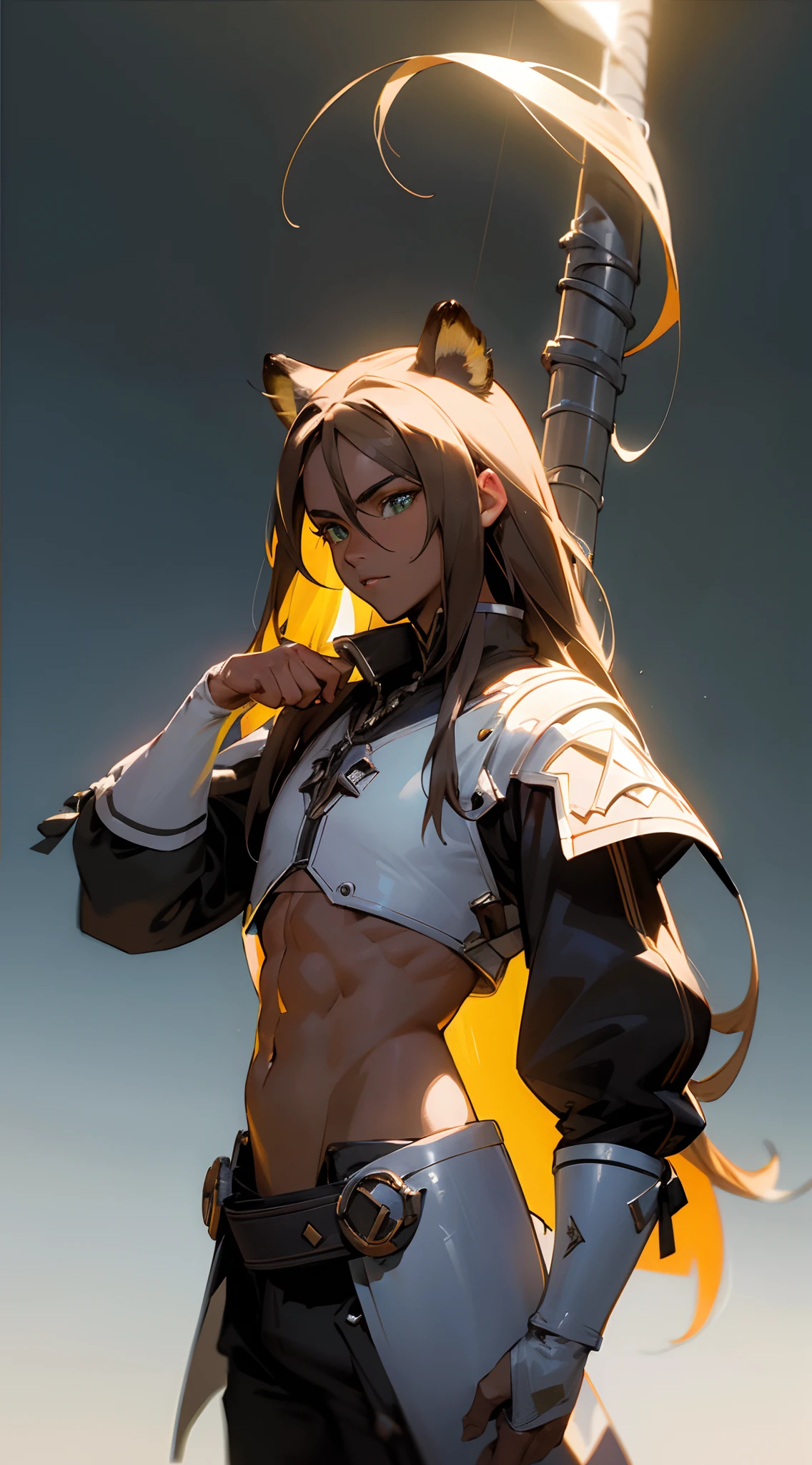 ((Best quality)), ((masterpiece)), (detailed:1.4), 3D, an image of a beautiful fantasy character ,HDR (High Dynamic Range),Ray Tracing,NVIDIA RTX,Super-Resolution,Unreal 5,Subsurface scattering,PBR Texturing,Post-processing,Anisotropic Filtering,Depth-of-field,Maximum clarity and sharpness,Multi-layered textures,Albedo and Specular maps,Surface shading,Accurate simulation of light-material interaction,Perfect proportions,Octane Render,Two-tone lighting,Wide aperture,Low ISO,White balance,Rule of thirds,8K RAW, from waistline up , wearing fantasy mmo attire , sword art online art style , white background, ((Beautiful man:1)) , ((Dark skin:1.5)) , (( Extremely long hair)) , Brown hair , ((male:1.4)) , full lips , Green eyes , ((has black Tiger ears:1)) , ((Crop top:1)) , ((Skinny build)) age 32
