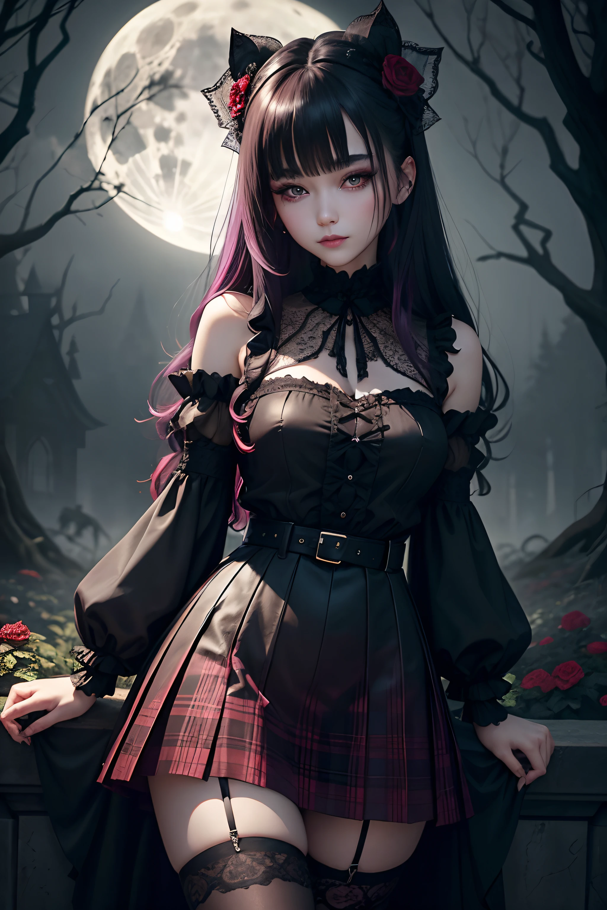 Surrounded by gardens with a dark and eerie atmosphere, With wilted flowers and twisted trees, Full moon shining in a cloudy sky, Create an unforgettable atmosphere.extremely detailed eye and face、Black Straight Hair、red plaid skirt、Black gothic blouse with flared cuffs、Black Knee High Socks、garterbelts、Red Rose、21years old、wretched、A slight smil、Cheek dyeing、Mystic expression、gotik、Beautie、Dark late night forest landscape、Glamour、boredom、A sexy、foggy、shadings、Dark Gothic makeup、Slightly soft look、