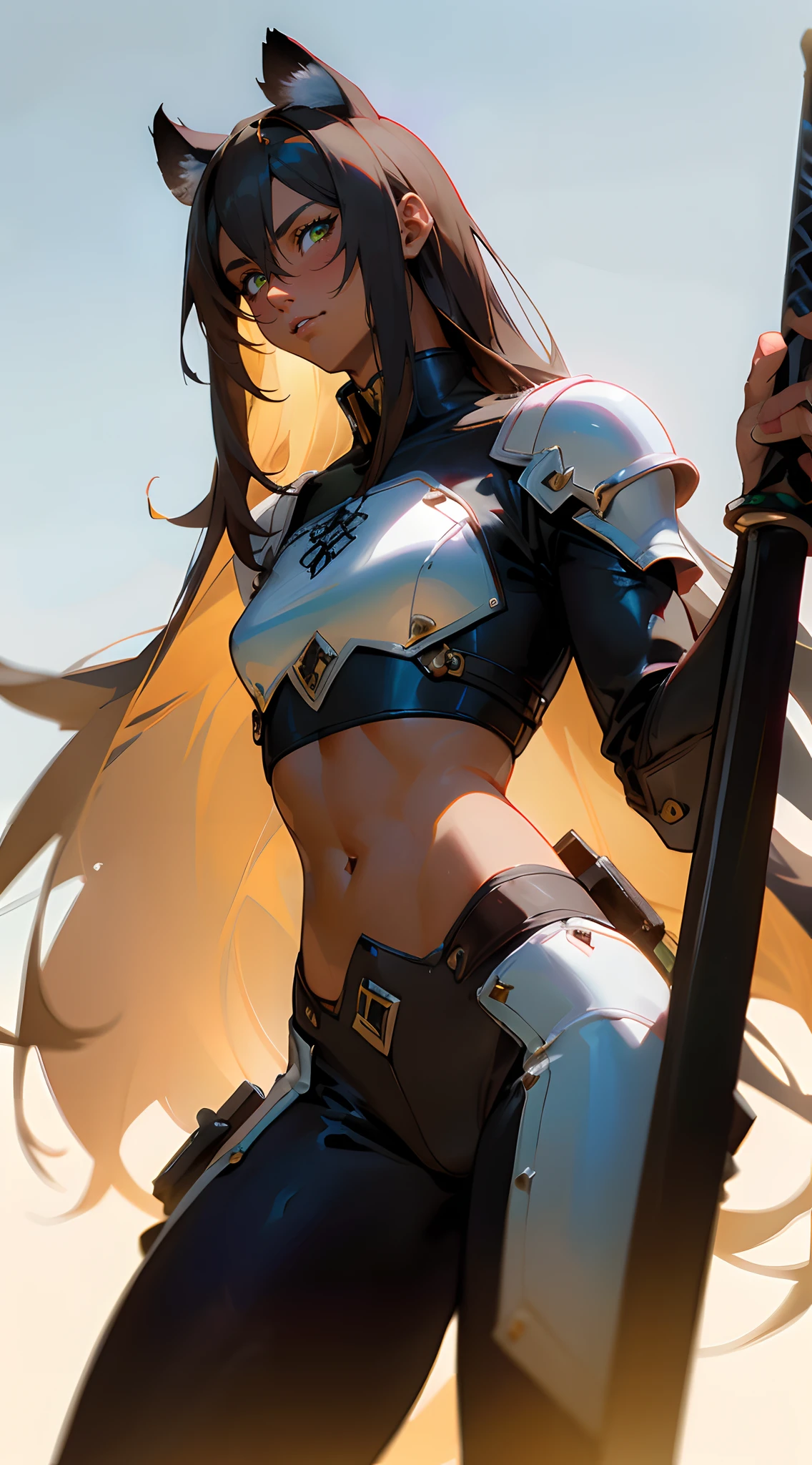 ((Best quality)), ((masterpiece)), (detailed:1.4), 3D, an image of a beautiful fantasy character ,HDR (High Dynamic Range),Ray Tracing,NVIDIA RTX,Super-Resolution,Unreal 5,Subsurface scattering,PBR Texturing,Post-processing,Anisotropic Filtering,Depth-of-field,Maximum clarity and sharpness,Multi-layered textures,Albedo and Specular maps,Surface shading,Accurate simulation of light-material interaction,Perfect proportions,Octane Render,Two-tone lighting,Wide aperture,Low ISO,White balance,Rule of thirds,8K RAW, from waistline up , wearing fantasy mmo attire , sword art online art style , white background, ((Beautiful man:1)) , ((Dark skin:1.5)) , (( Extremely long hair)) , Brown hair , ((male:1.4)) , full lips , Green eyes , ((has black Tiger ears:1)) , ((Crop top:1)) , ((Skinny build)) age 32