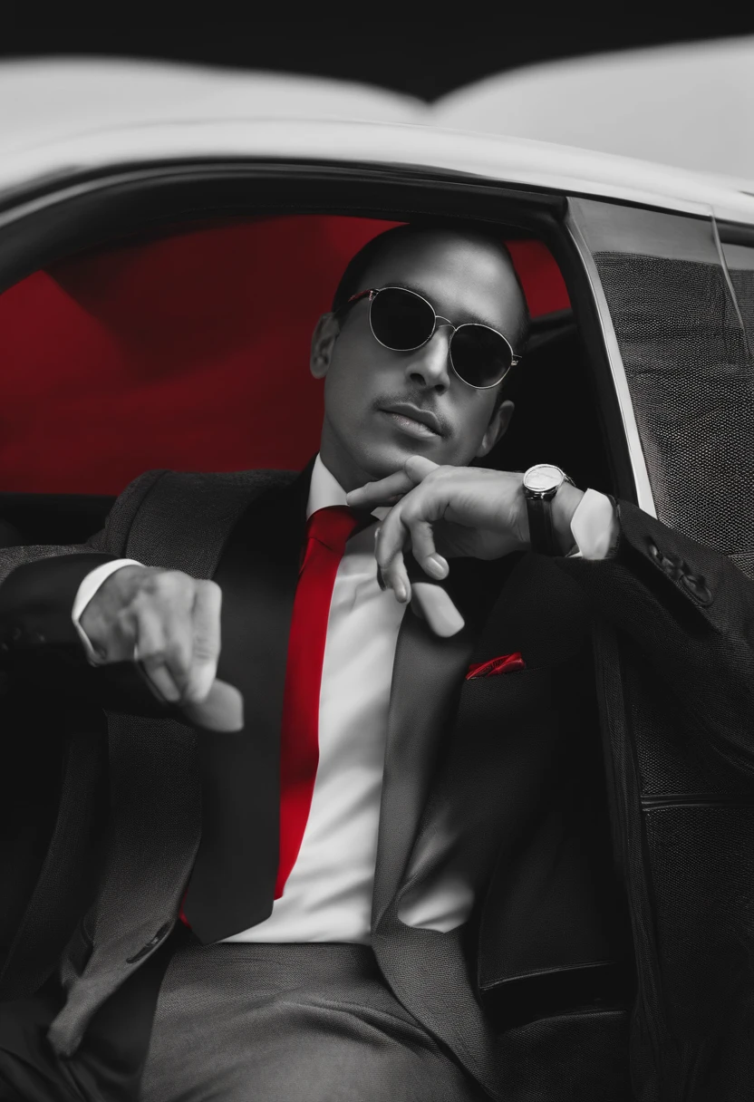 A closeup of a person in a suit and sunglasses on a cell phone, red and cinematic lighting, terno vermelho, vestindo um terno preto e vermelho, cinematic red lighting, retrato de alta qualidade, no fundo vermelho, vestindo trajes formais vermelhos, humor vermelho no fundo, epic and elegant portrait, homem bonito, vestindo jaqueta vermelha, tudo vermelho, vestindo vermelho, tema de cor vermelha
